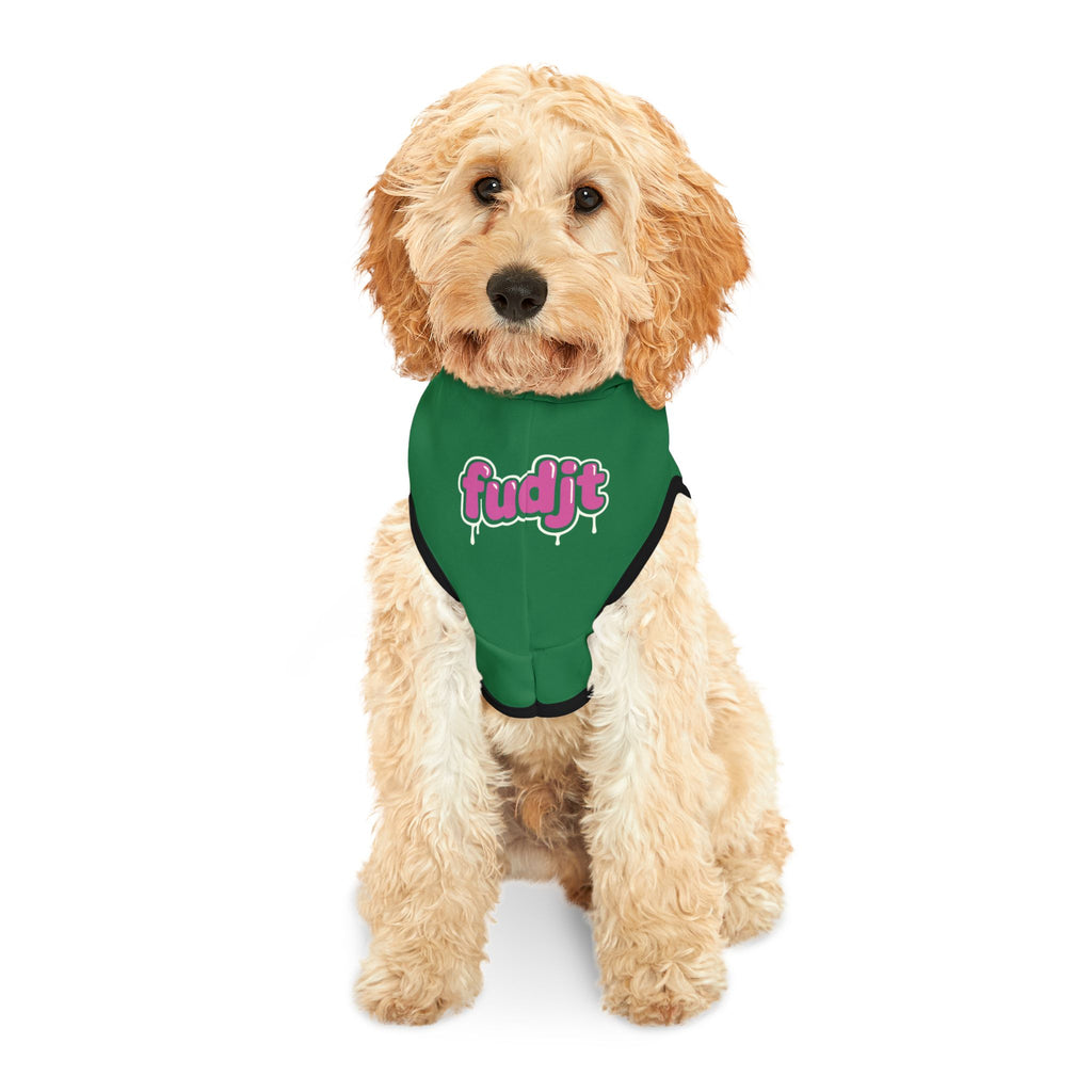 Dark Green fudjt Pet Hoodie with Pink Drip Design