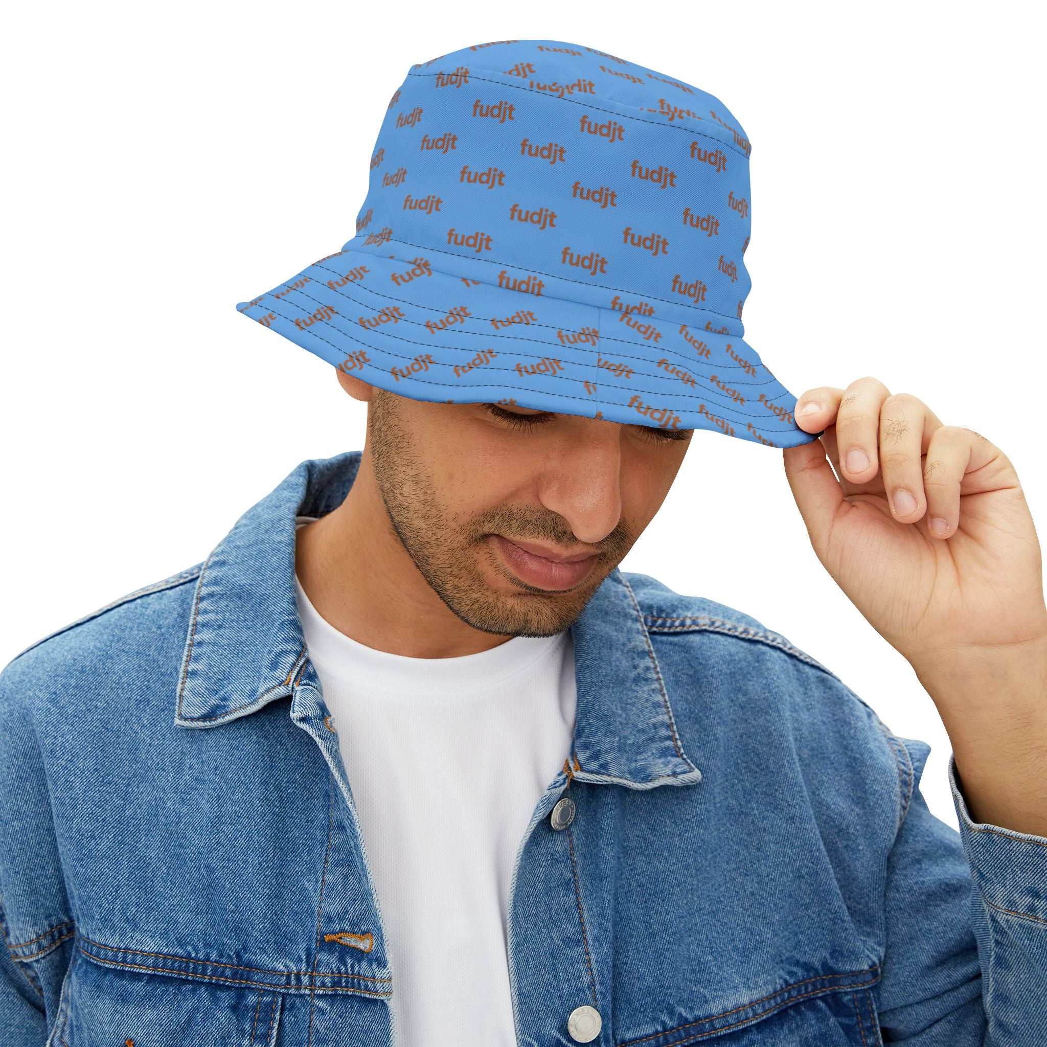 Trendy Brown fudjt All Over on Light Blue Bucket Hat