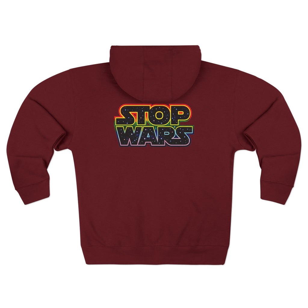 fudjt Stop Wars Zip Hoodie | Front & Back Graphic, White fudjt | 6 Colors