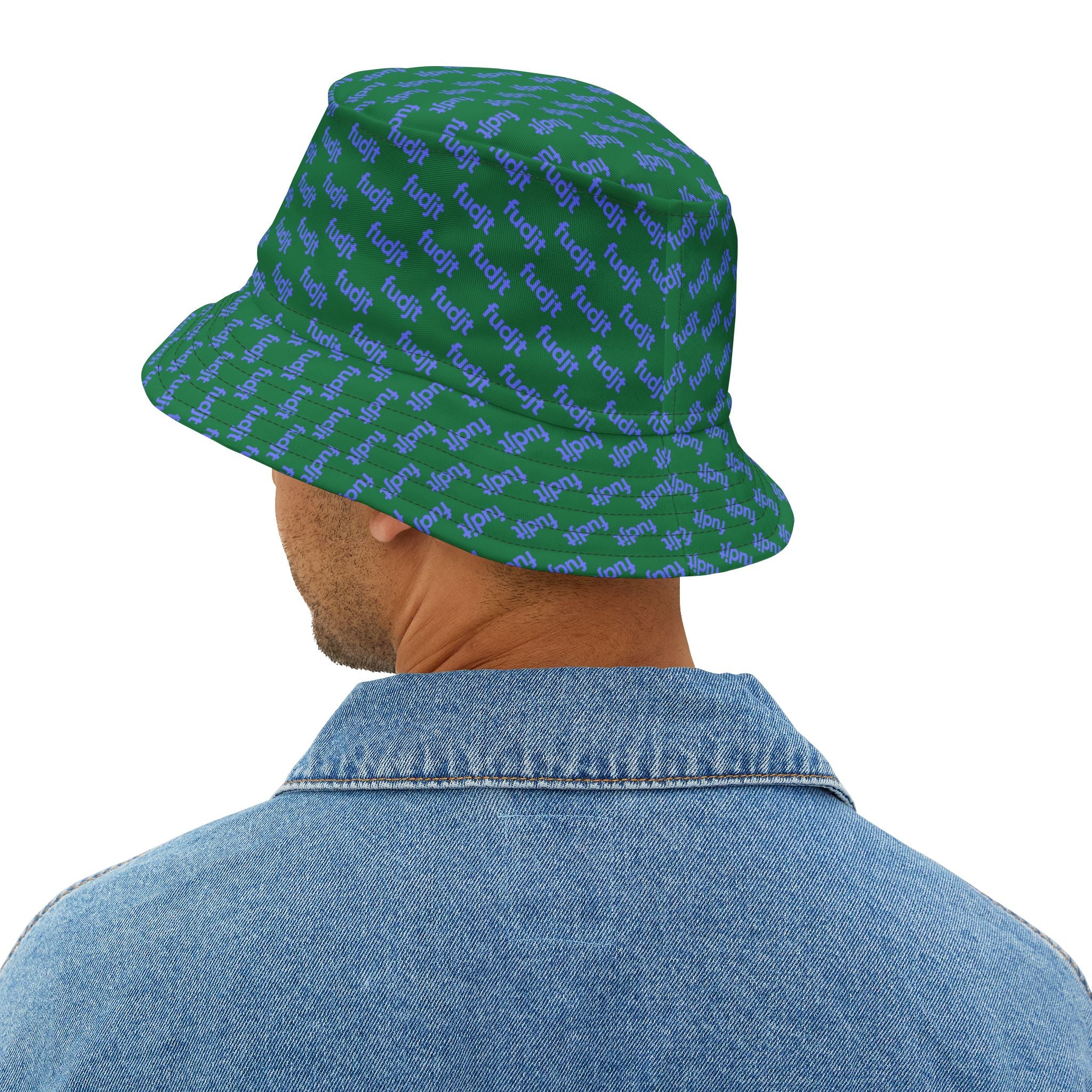 Trendy Light Blue fudjt All Over on Dark Green Bucket Hat