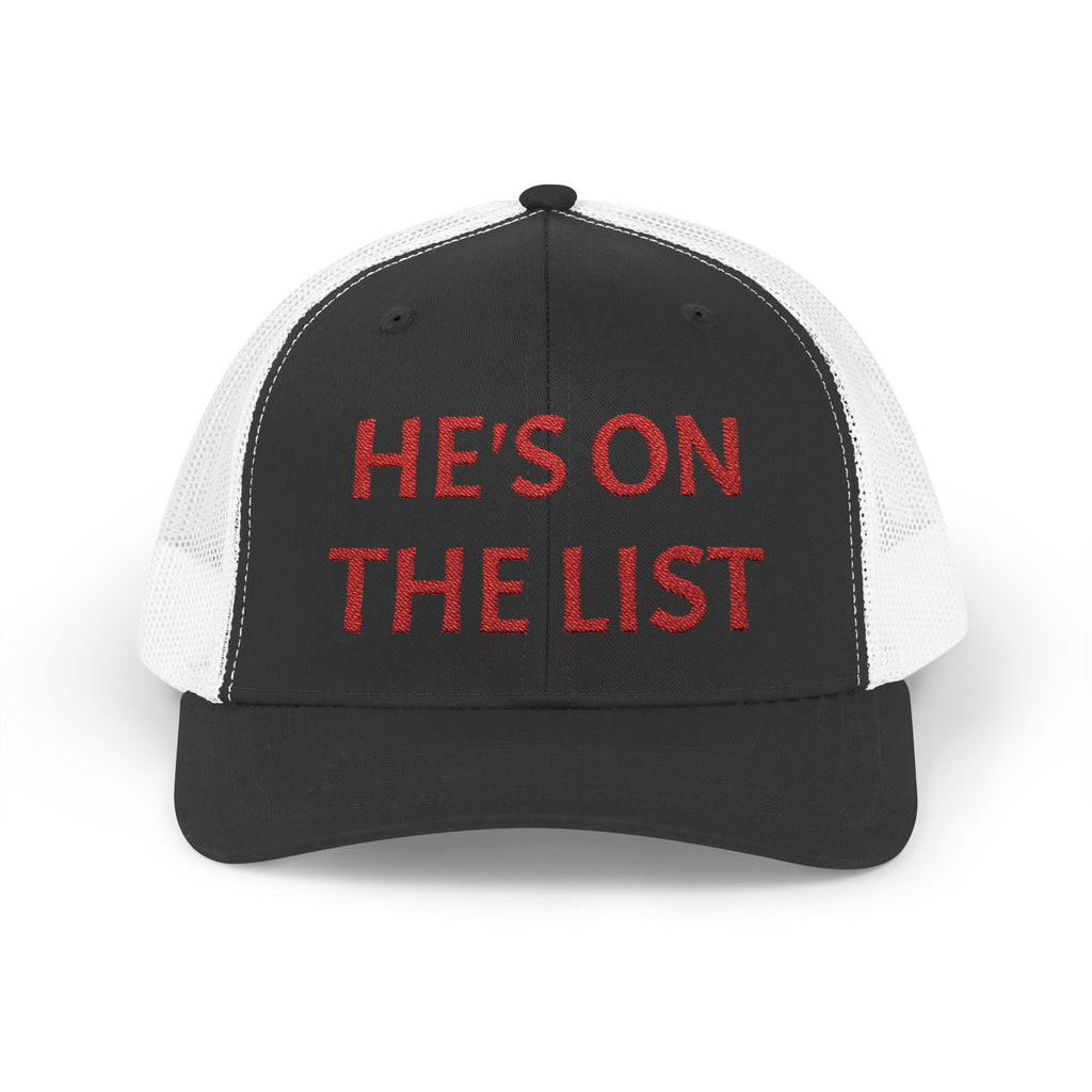 He's On The List | Red Embroidered Fudjt Snapback Trucker Cap in 6 Colors | Trending Now