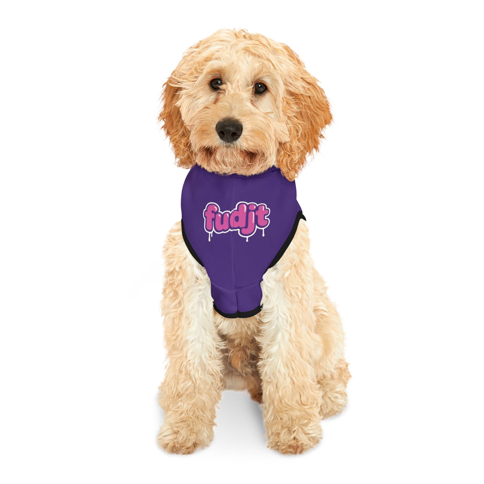 Purple fudjt Pet Hoodie with Pink Drip Design