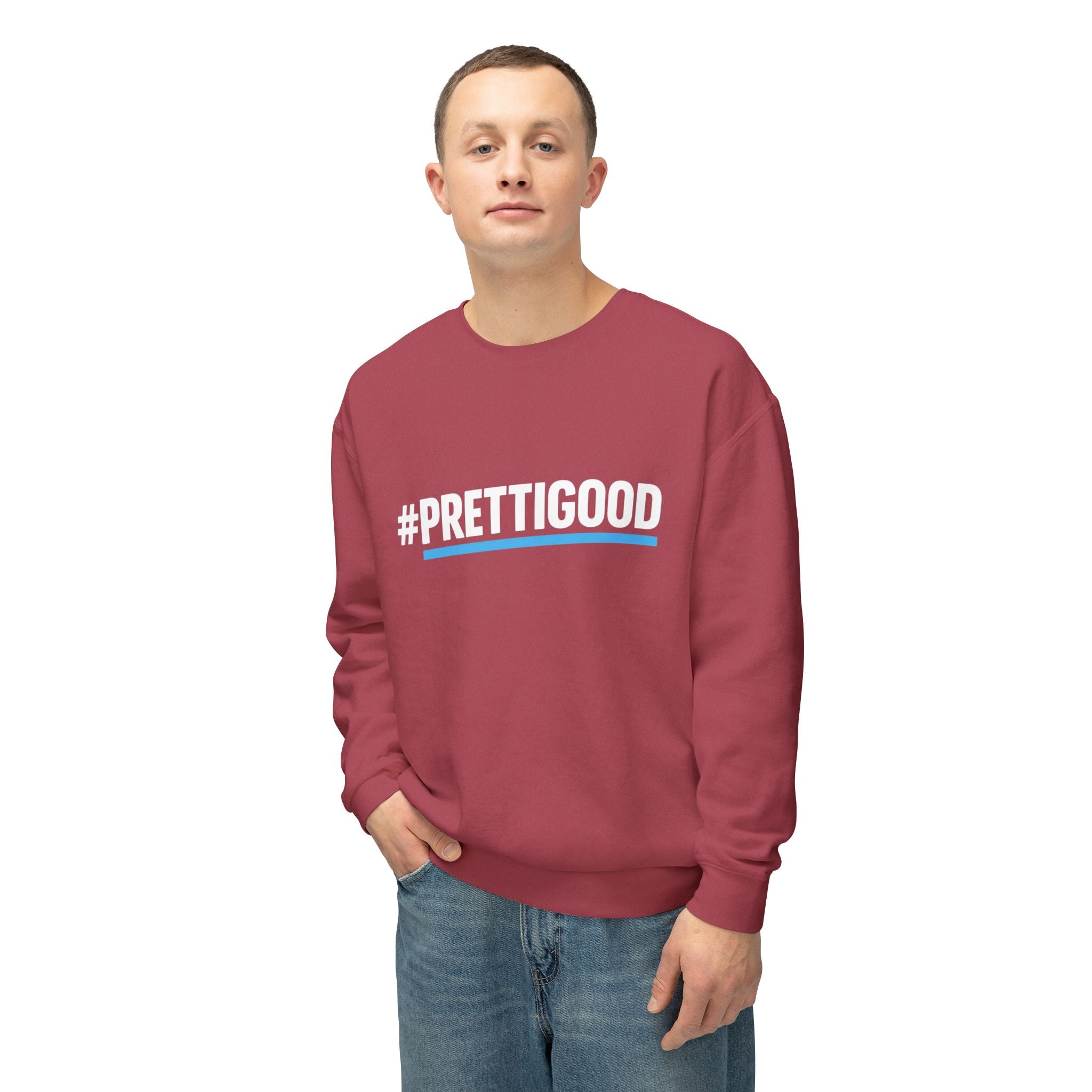 #PrettiGood Crewneck Sweatshirt — Blue Star Graphic Backside, Premium Casual Pullover | 7 Colors