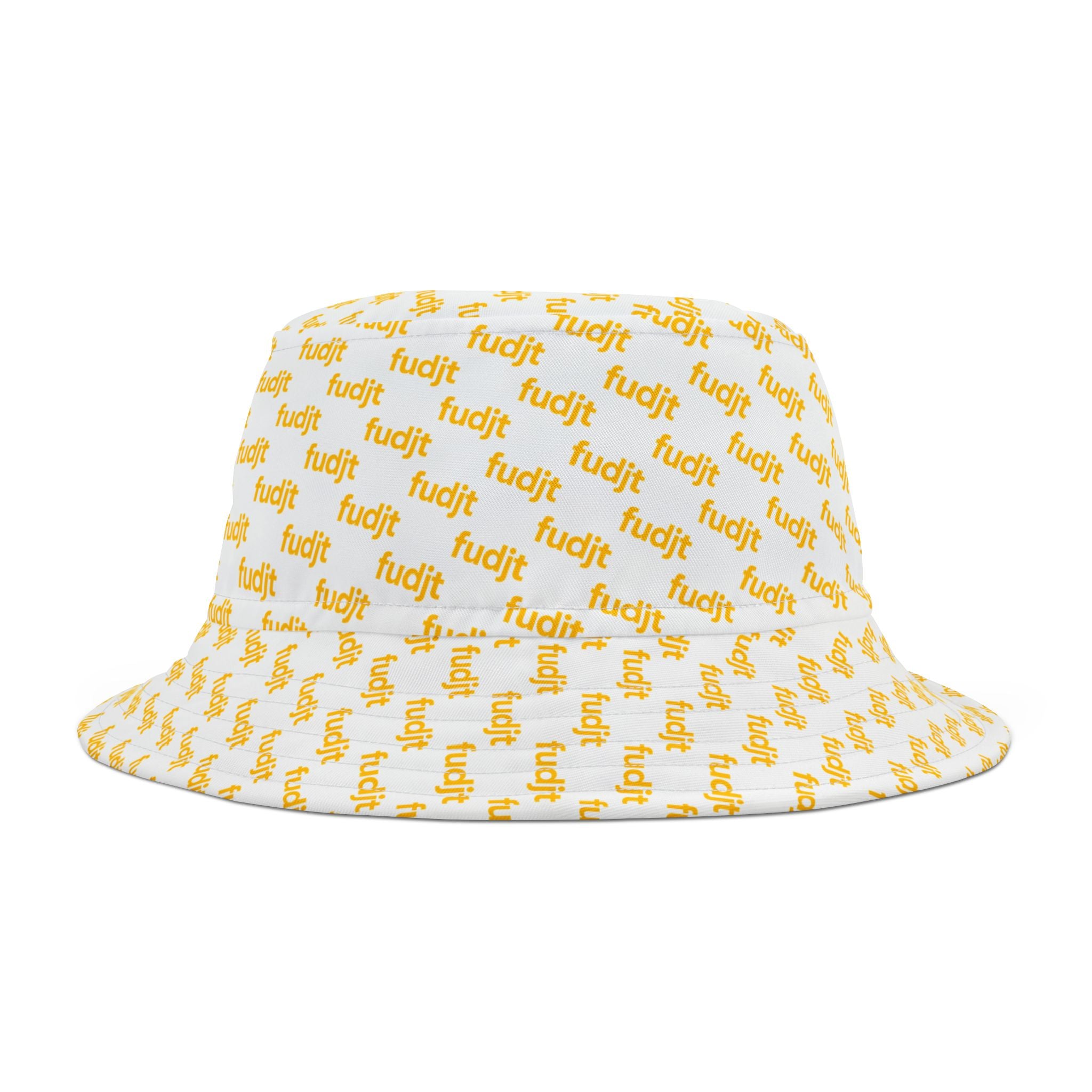 Trendy Yellow fudjt All Over on White Bucket Hat