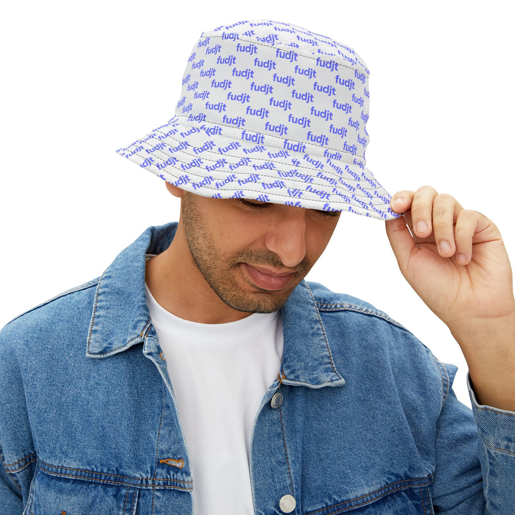 Trendy Light Blue fudjt All Over on White Bucket Hat