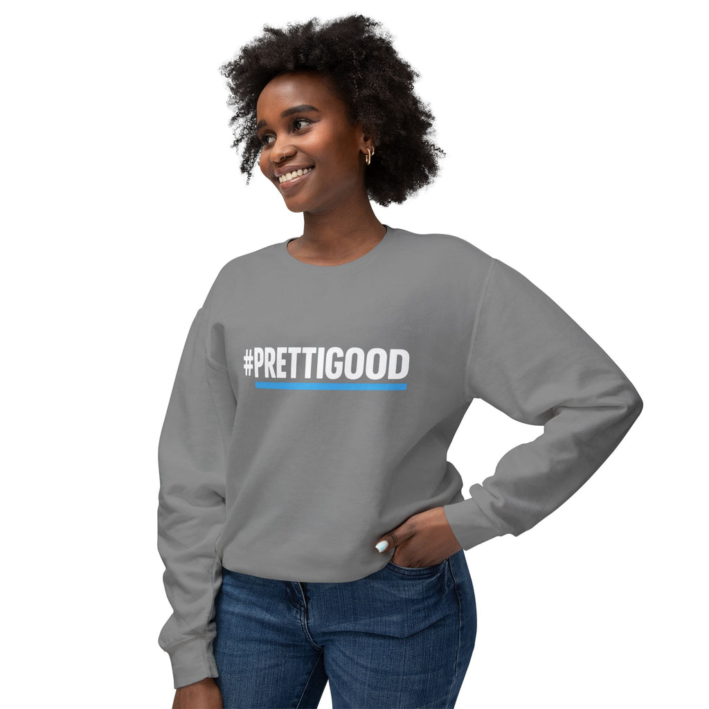 #PrettiGood Crewneck Sweatshirt — Blue Star Graphic Backside, Premium Casual Pullover | 7 Colors