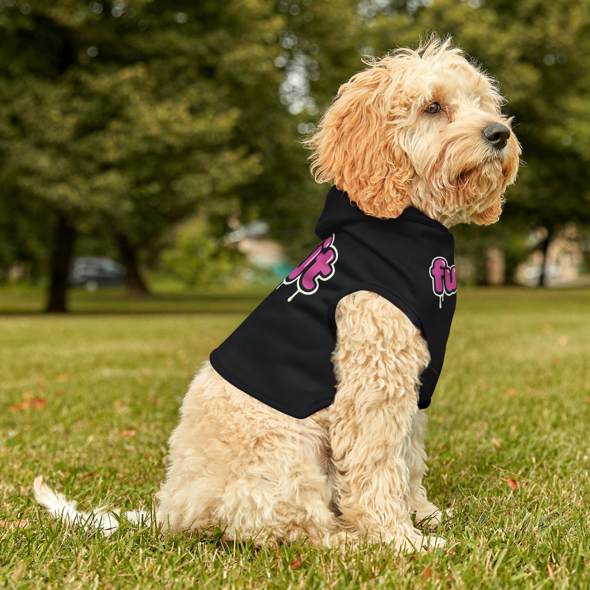 Black fudjt Pet Hoodie with Pink Drip Design