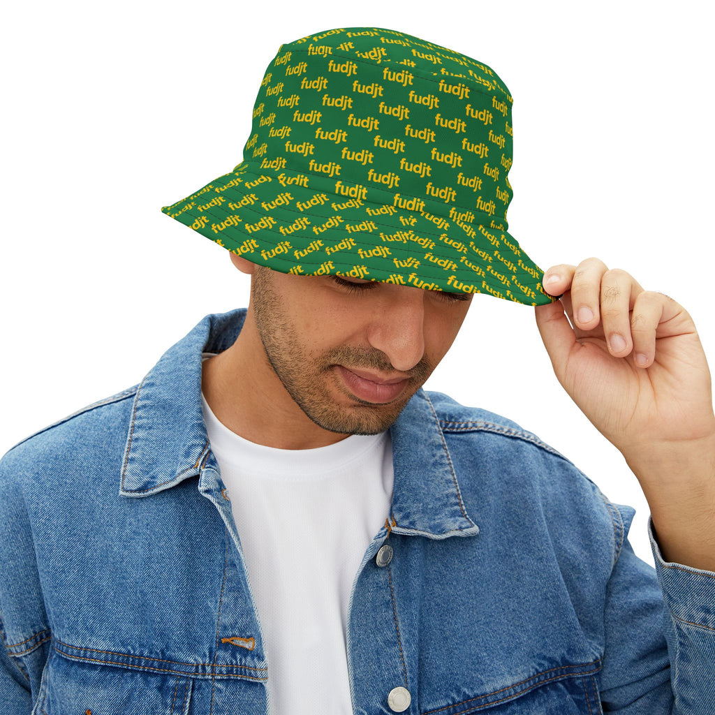 Trendy Yellow fudjt All Over on Dark Green Bucket Hat