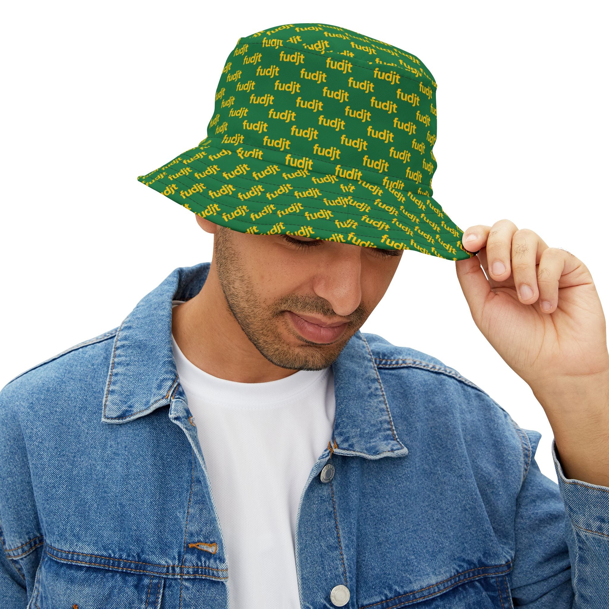 Trendy Yellow fudjt All Over on Dark Green Bucket Hat