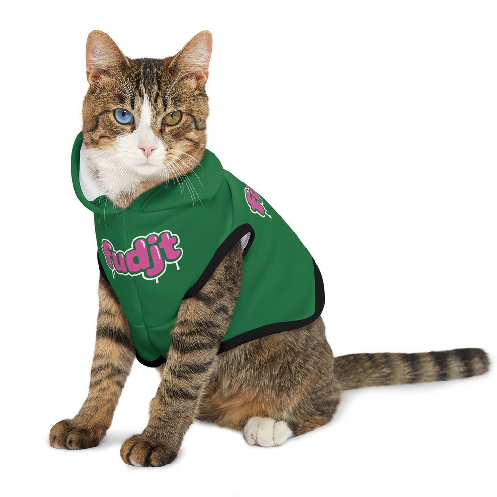 Dark Green fudjt Pet Hoodie with Pink Drip Design