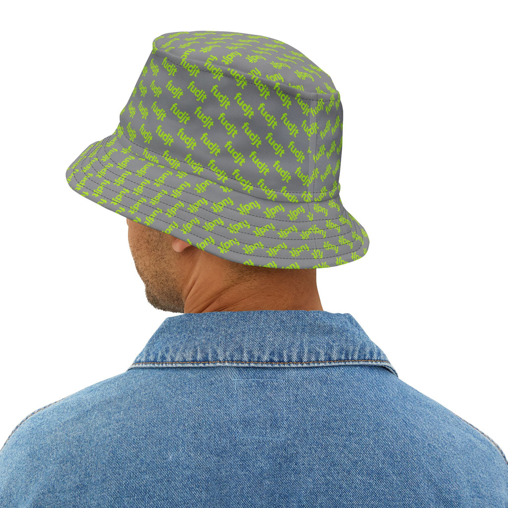 Trendy Lime Green fudjt All Over on Gray Bucket Hat