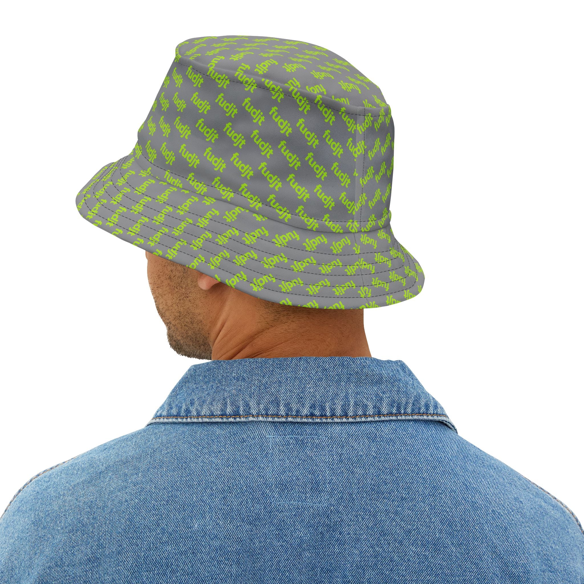 Trendy Lime Green fudjt All Over on Gray Bucket Hat