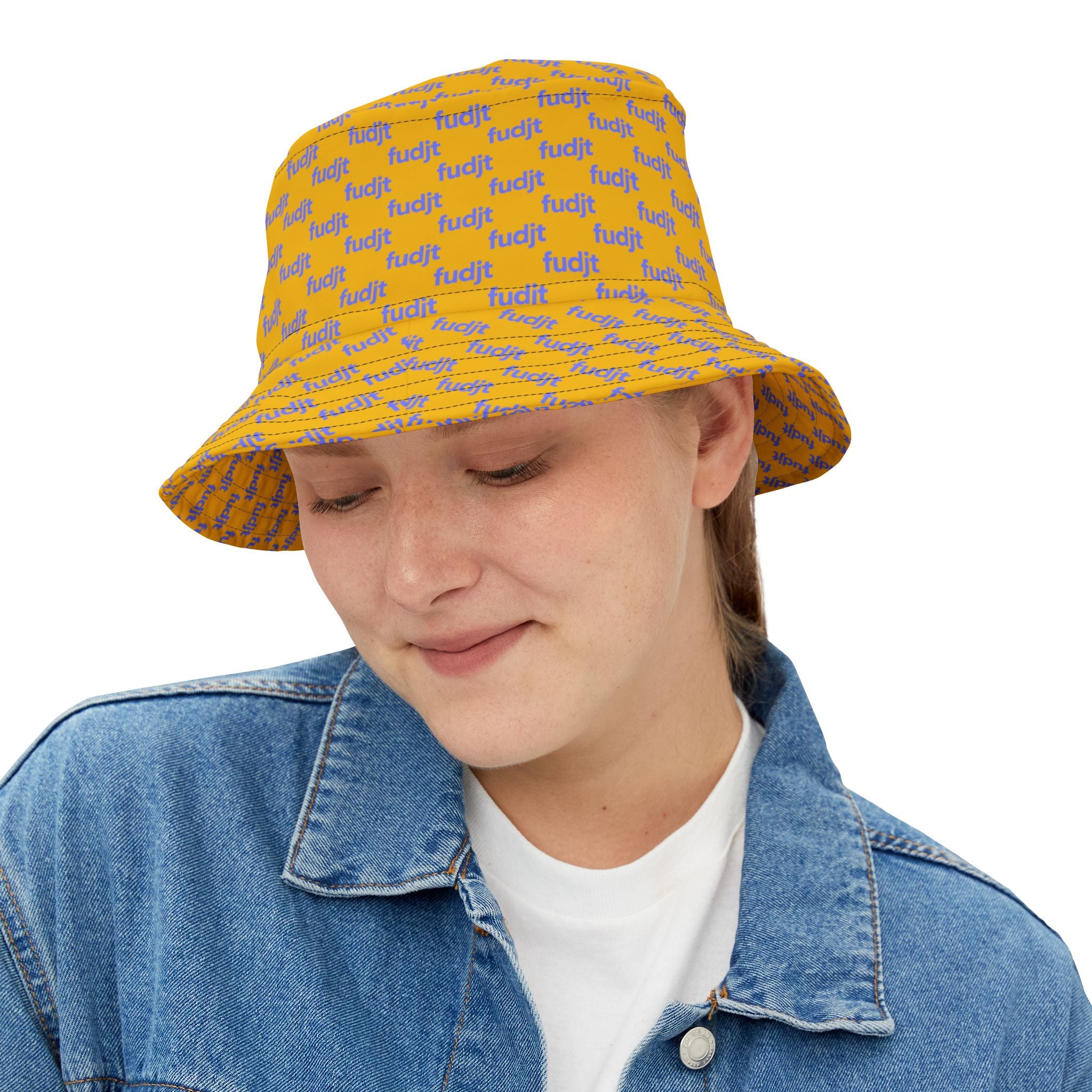 Trendy Light Blue fudjt All Over on Yellow Bucket Hat