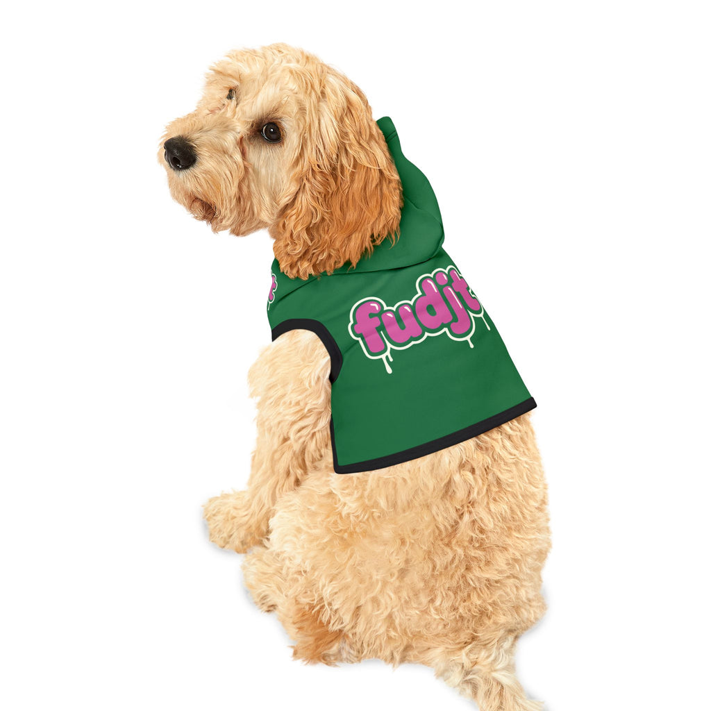 Dark Green fudjt Pet Hoodie with Pink Drip Design