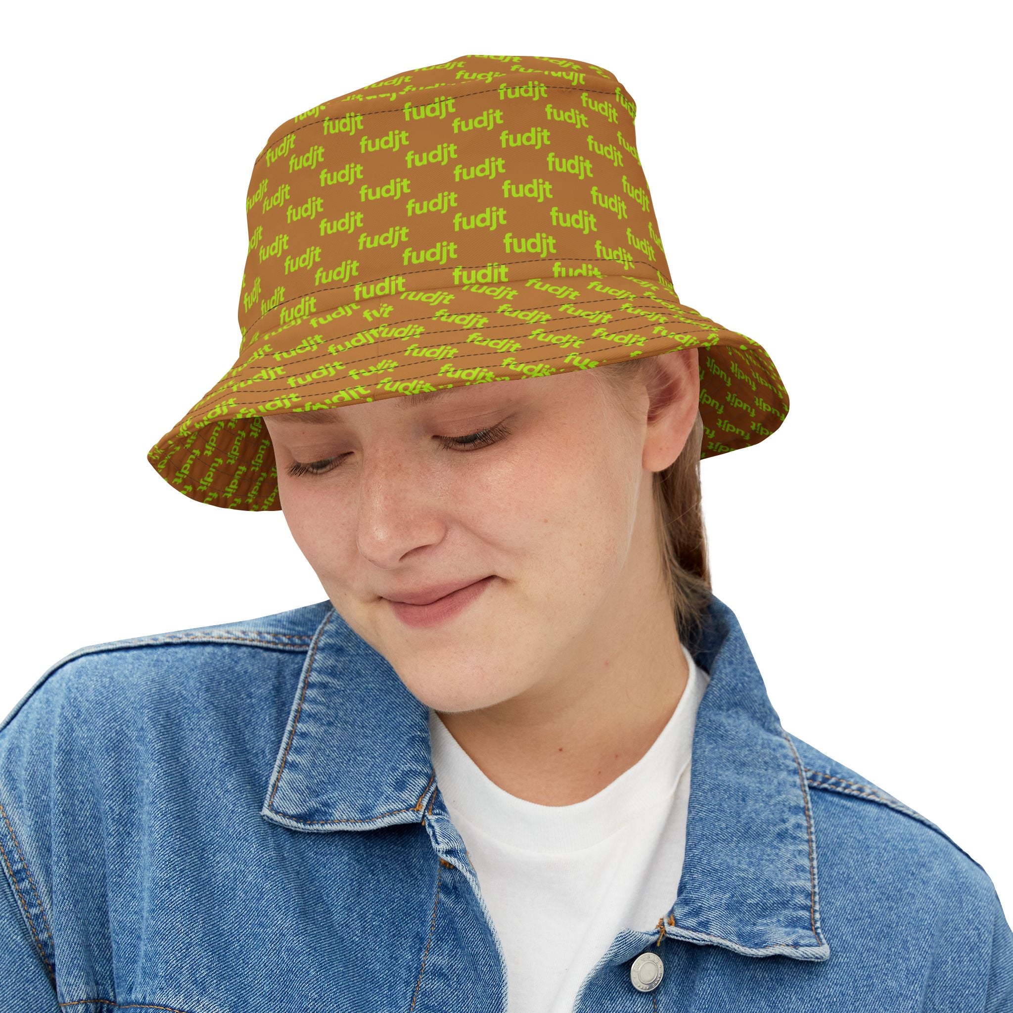 Trendy Lime Green fudjt All Over on Light Brown Bucket Hat