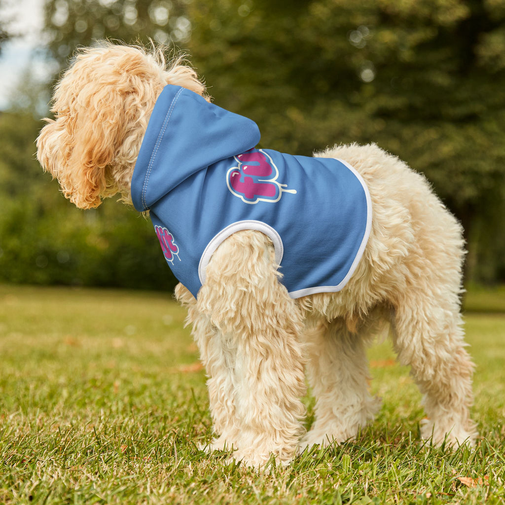 Light Blue fudjt Pet Hoodie with Pink Drip Design