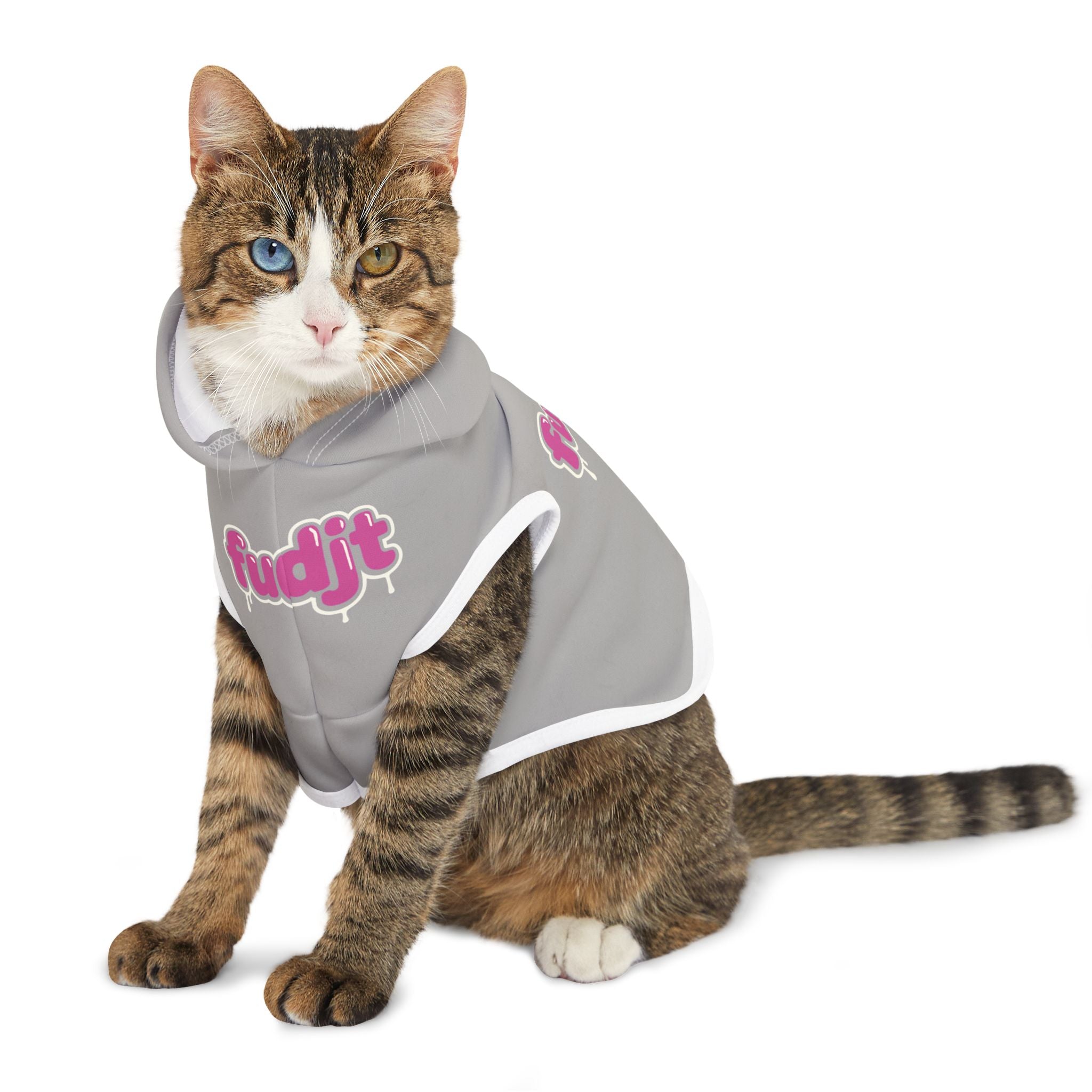 Light Gray fudjt Pet Hoodie with Pink Drip Design