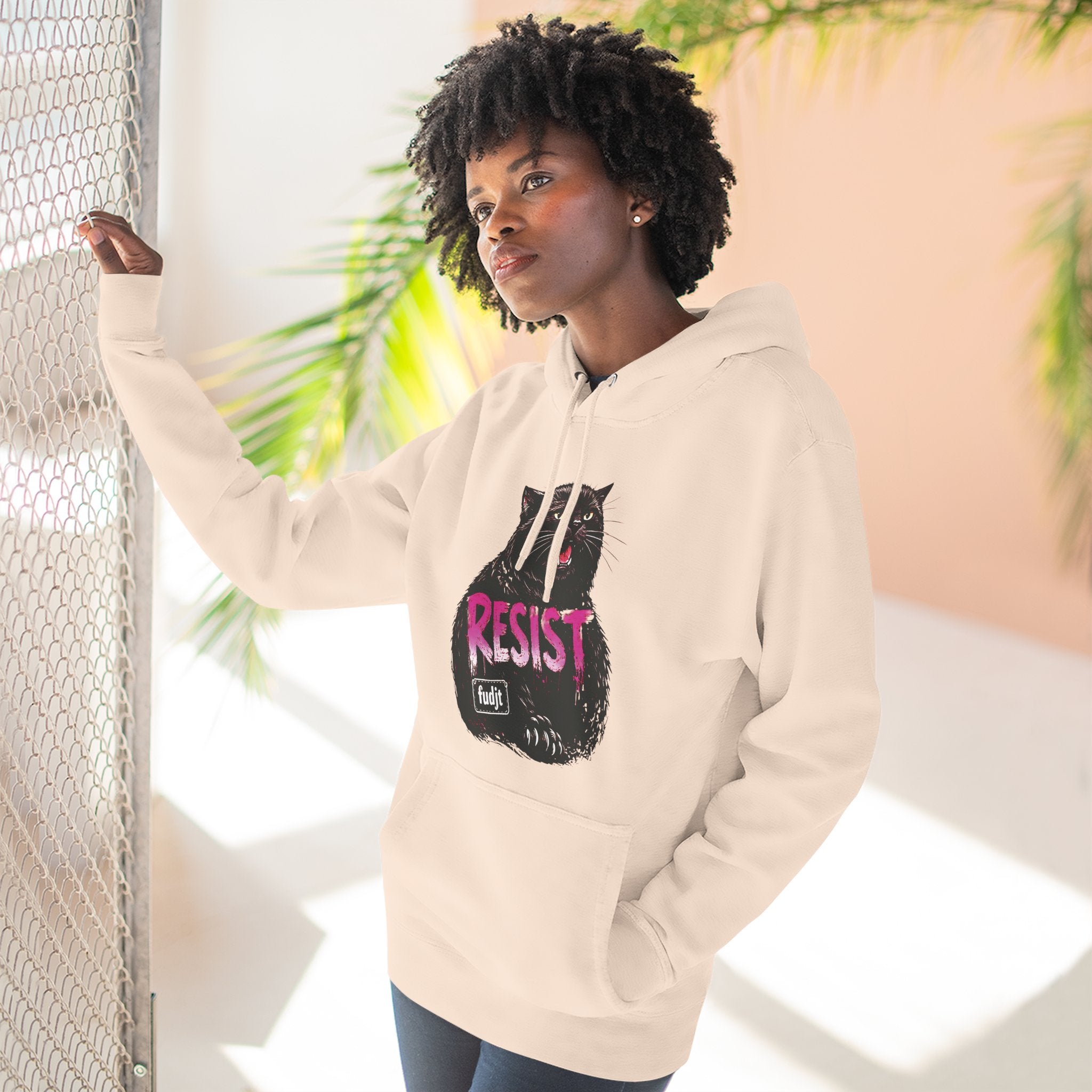 fudjt RESIST Hoodie – Premium Fleece Pullover with Black Pussycat Graphic | 14 Colors