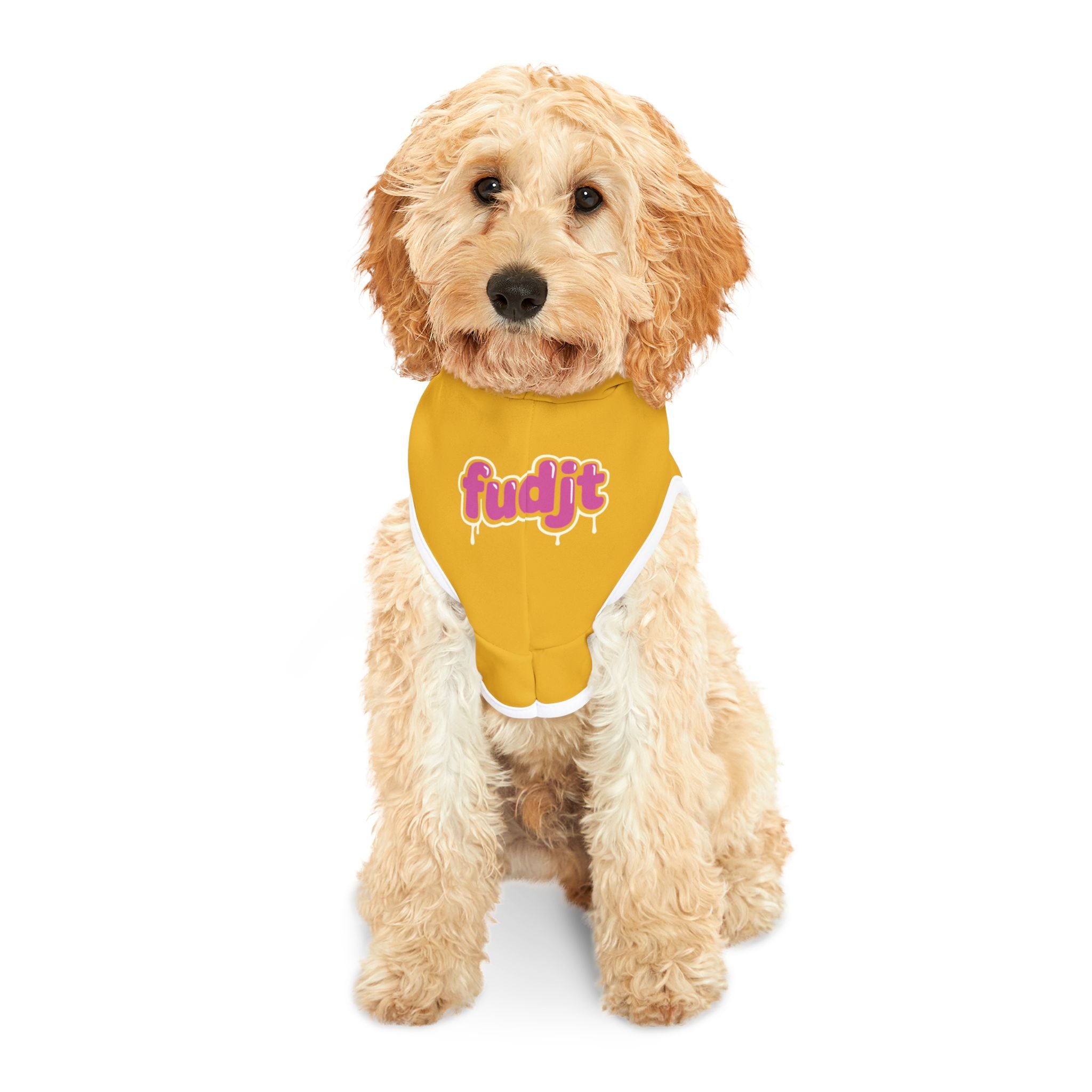 Yellow fudjt Pet Hoodie with Pink Drip Design