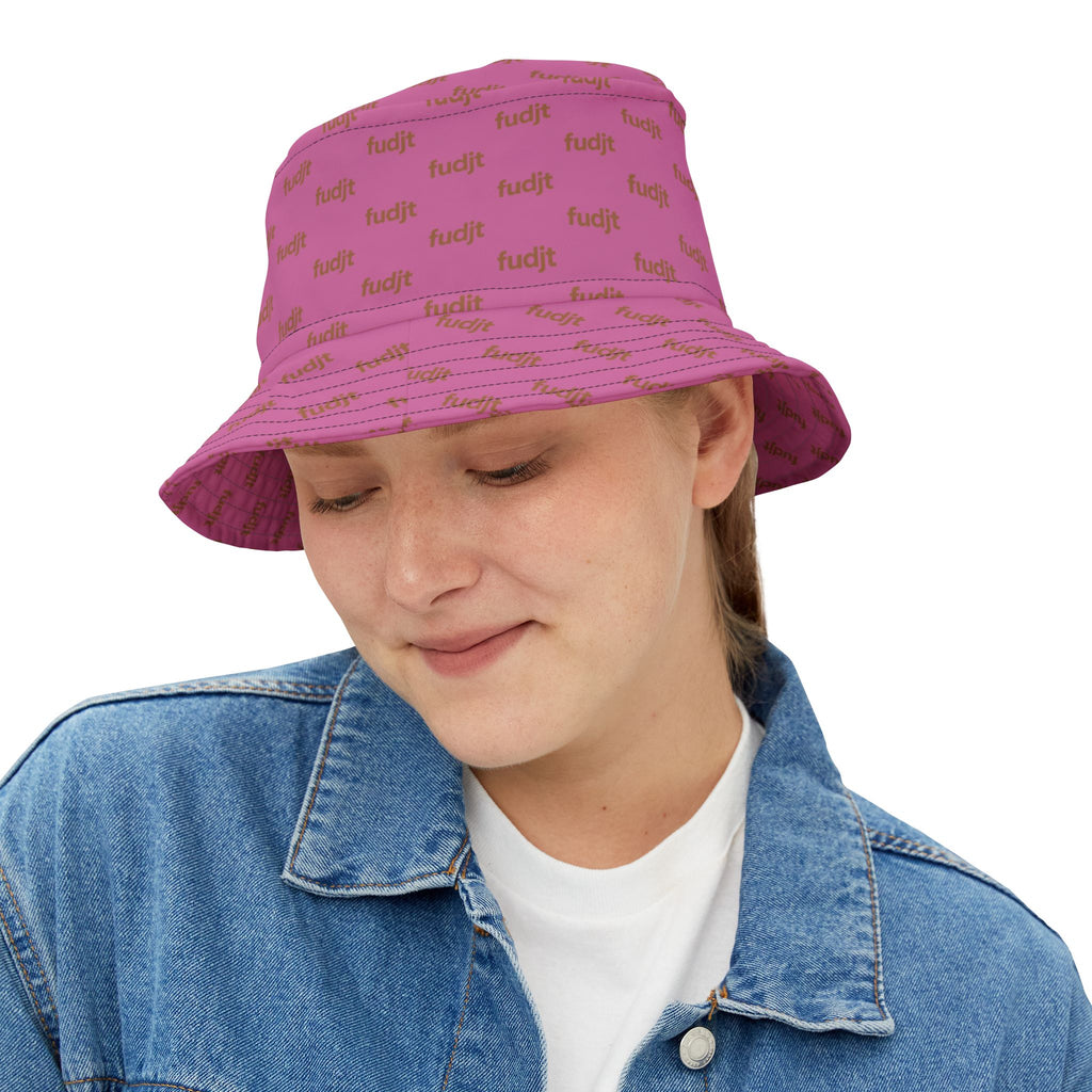 Trendy Brown fudjt All Over on Light Pink Bucket Hat
