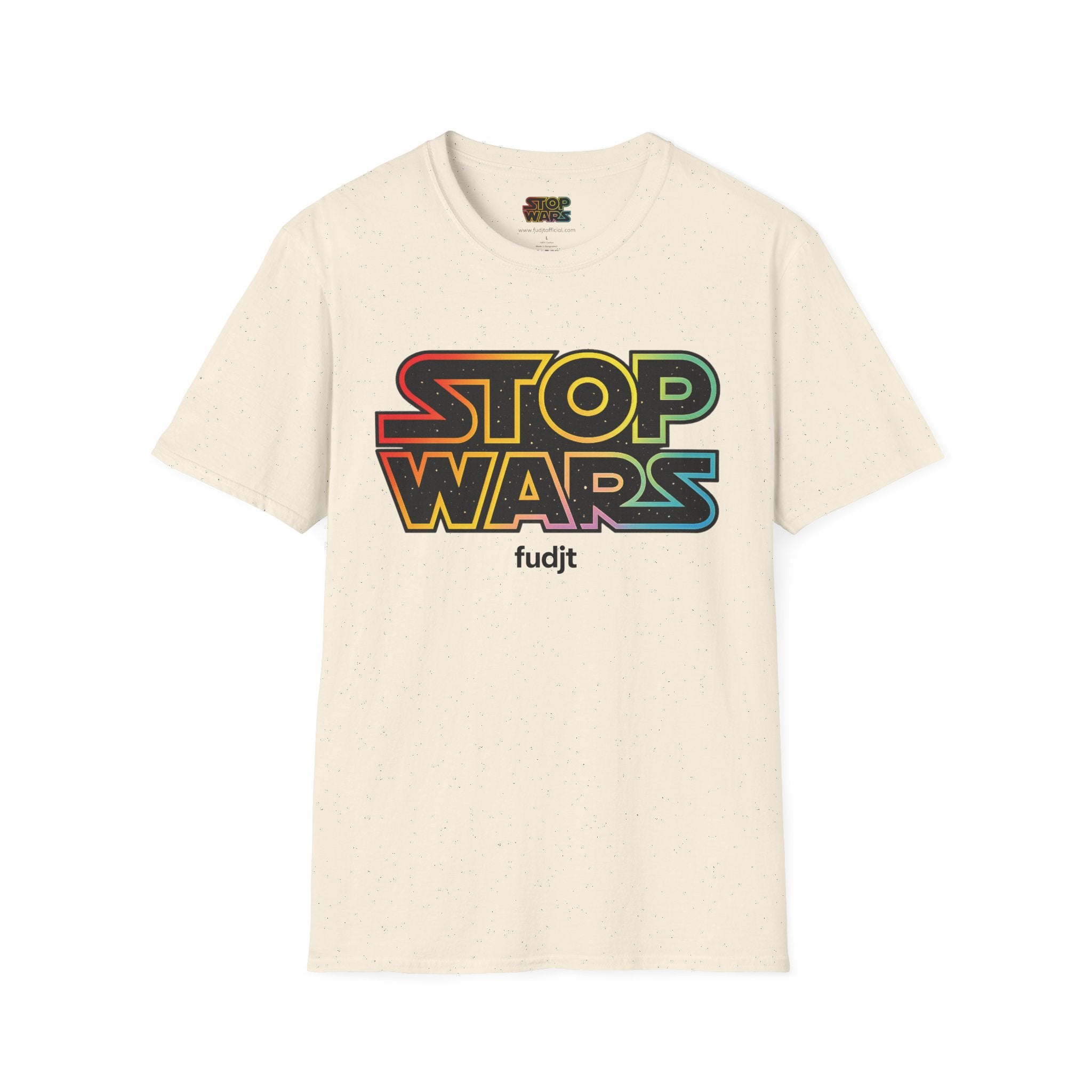 fudjt "STOP WARS" Retro Rainbow Anti-War Everyday Soft & Stylish Tee | Front & Back Graphic, Black fudjt | 7 Colors