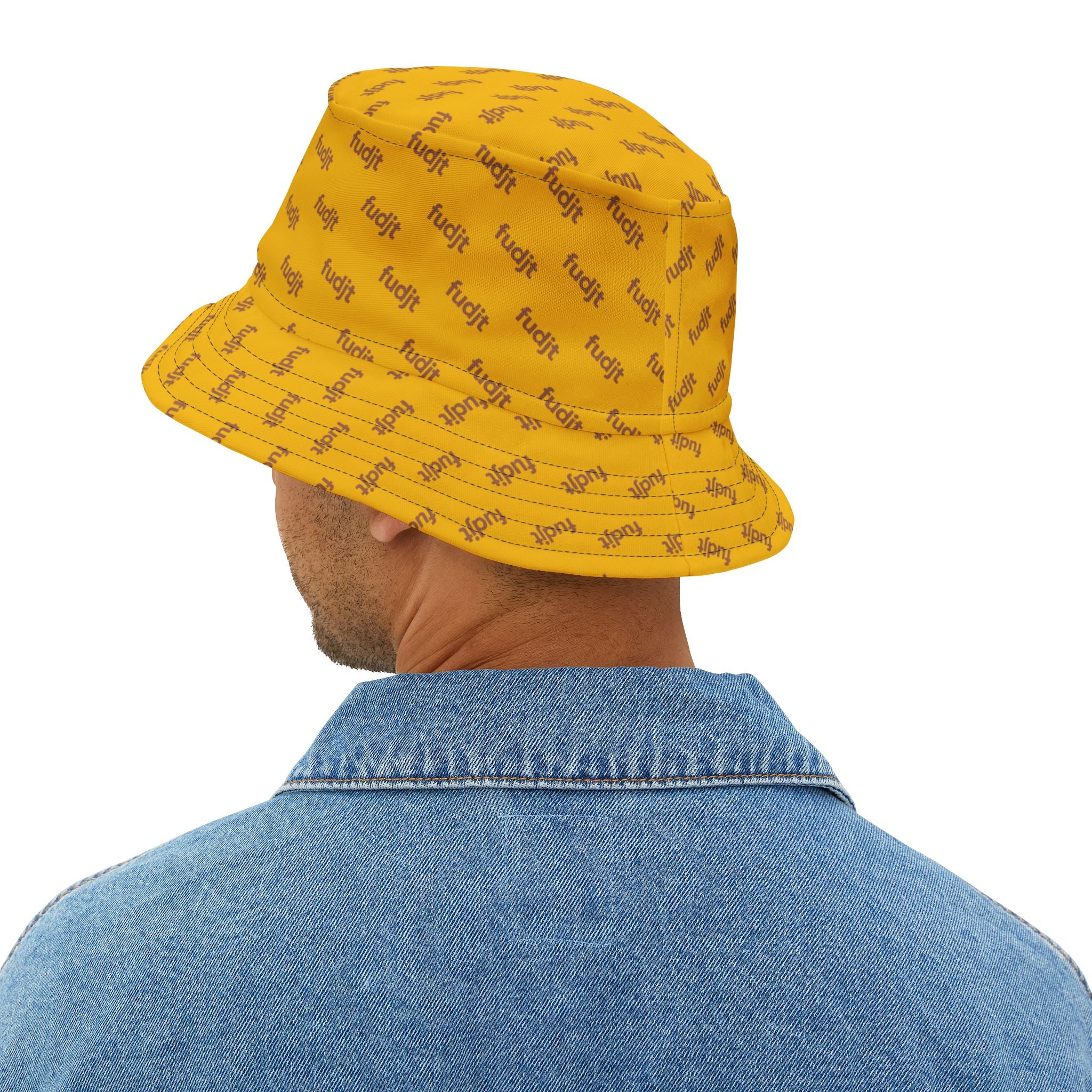 Trendy Brown fudjt All Over on Yellow Bucket Hat