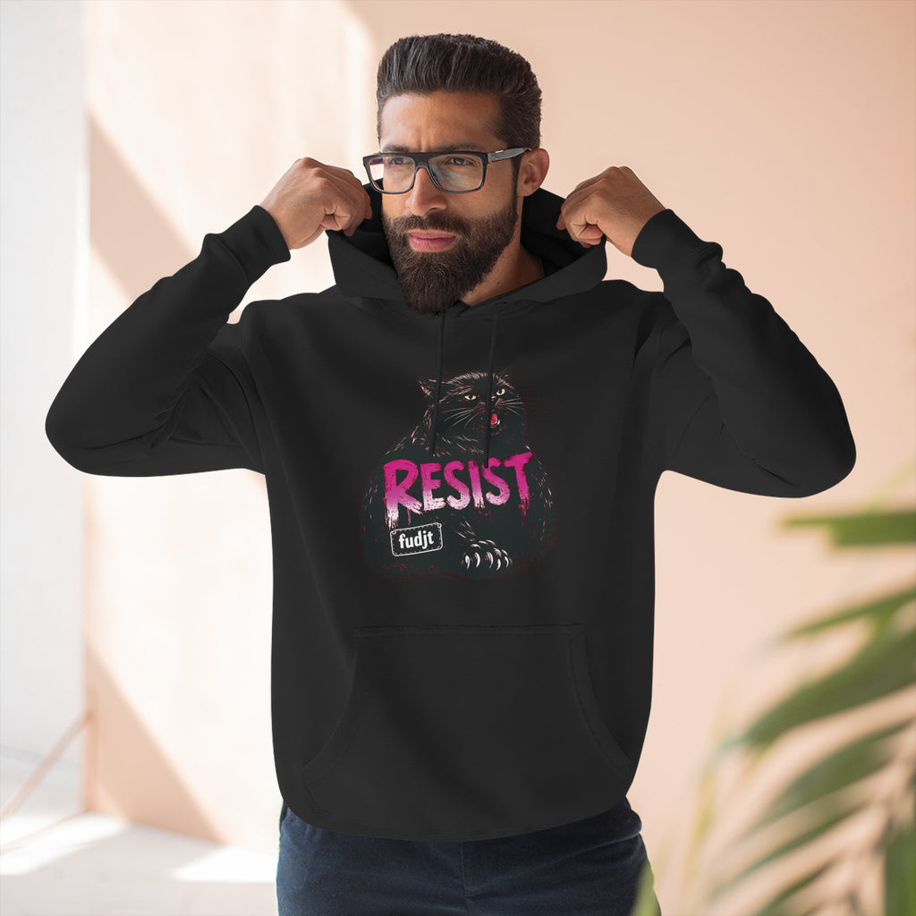fudjt RESIST Hoodie – Premium Fleece Pullover with Black Pussycat Graphic | 14 Colors