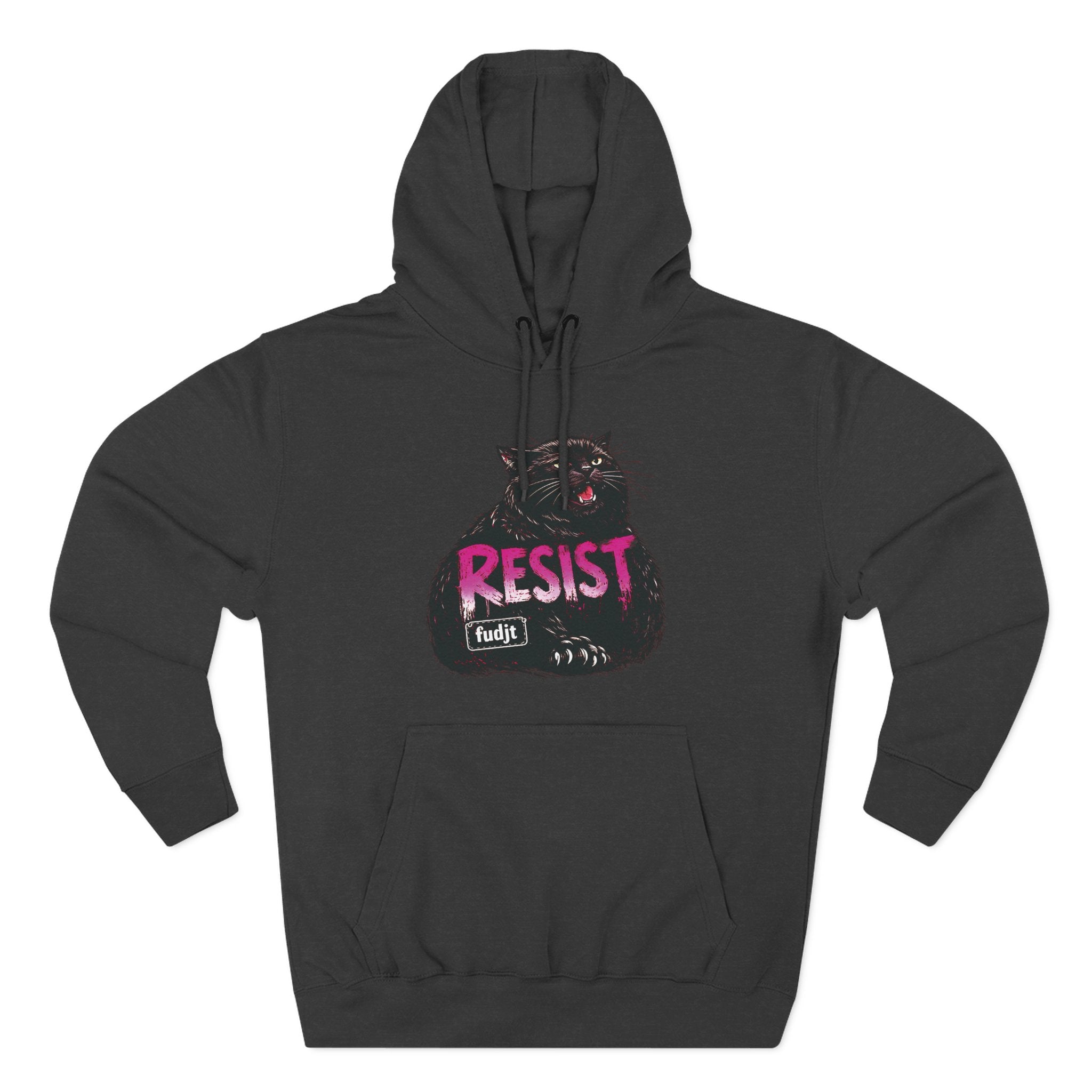 fudjt RESIST Hoodie – Premium Fleece Pullover with Black Pussycat Graphic | 14 Colors