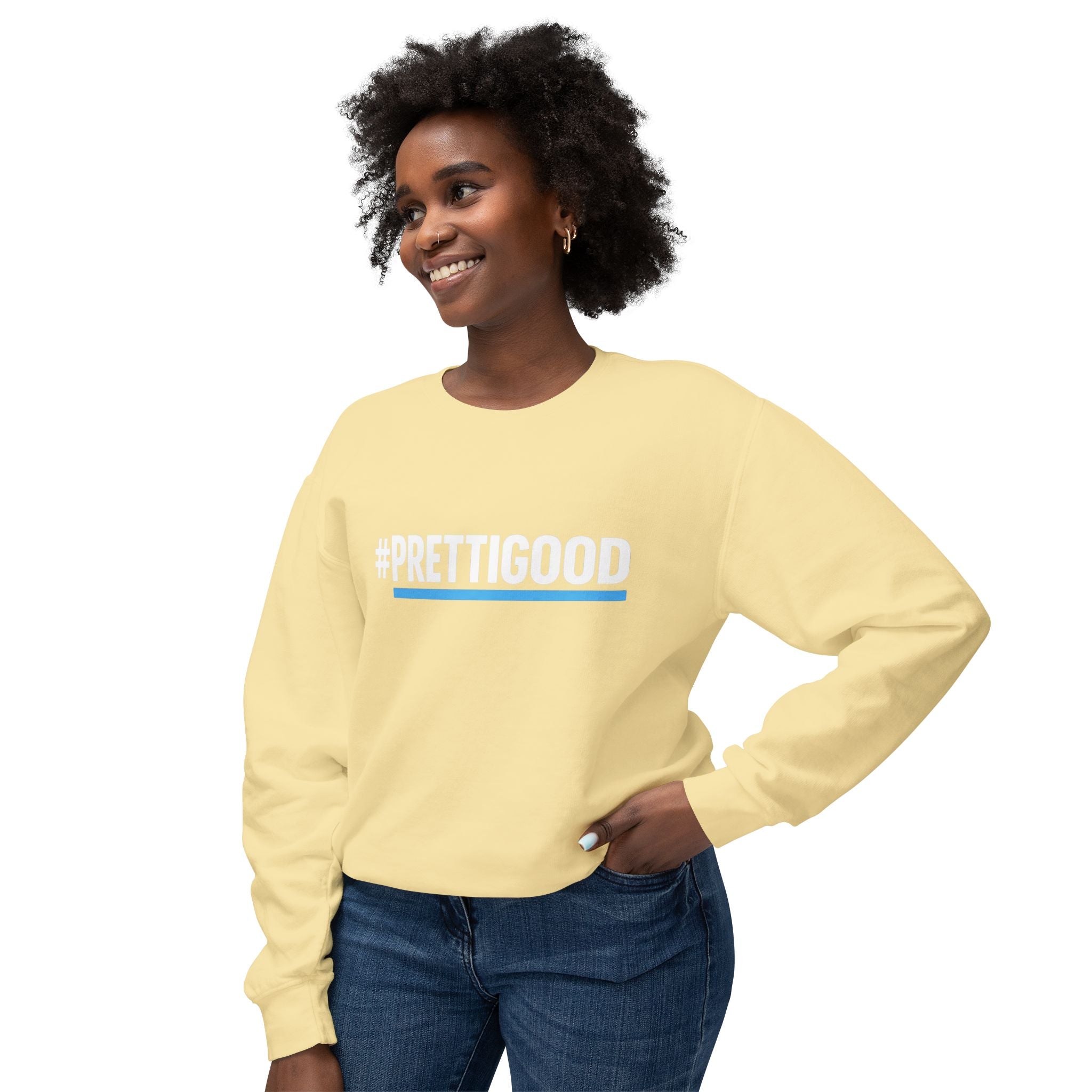 #PrettiGood Crewneck Sweatshirt — Blue Star Graphic Backside, Premium Casual Pullover | 7 Colors