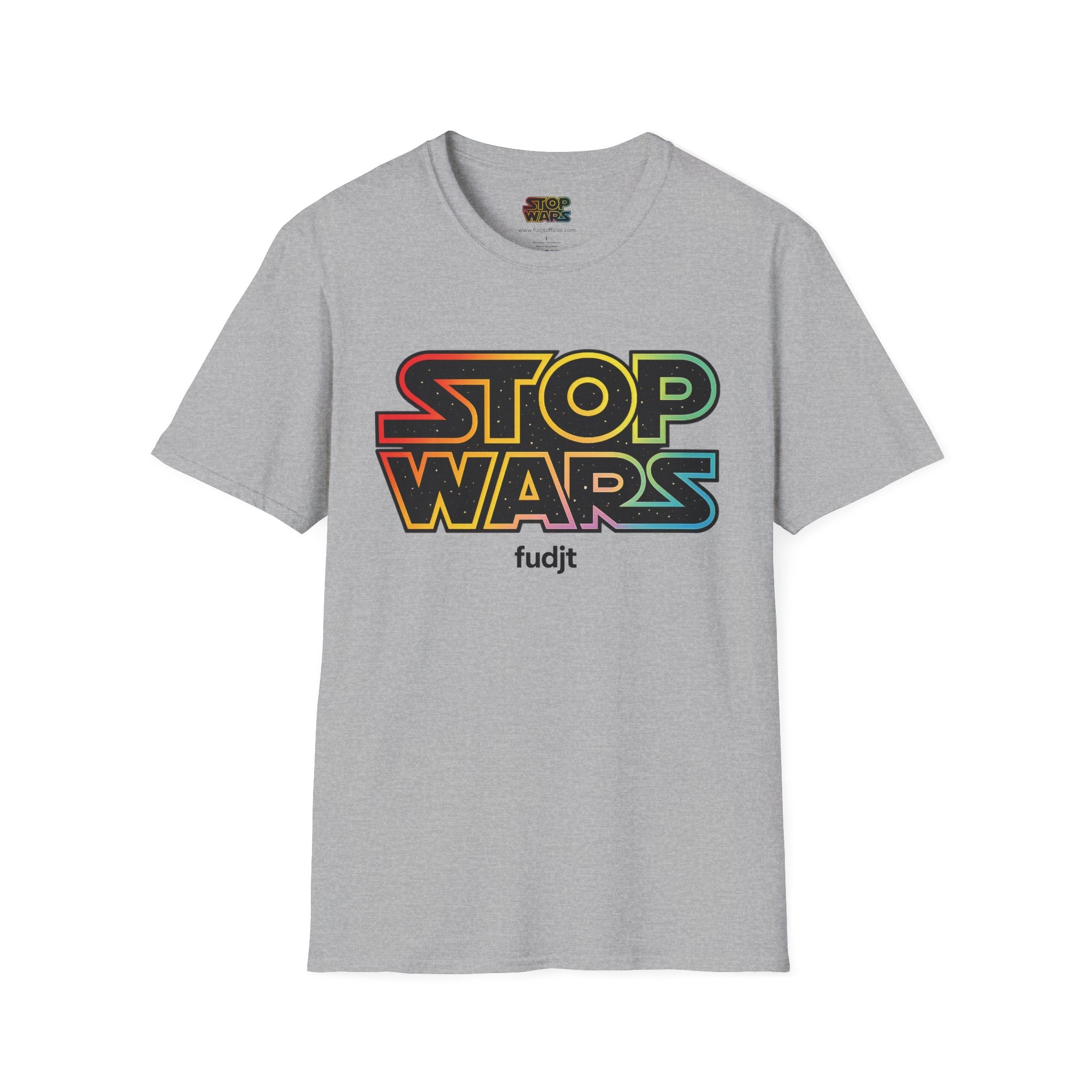 fudjt "STOP WARS" Retro Rainbow Anti-War Everyday Soft & Stylish Tee | Front & Back Graphic, Black fudjt | 7 Colors