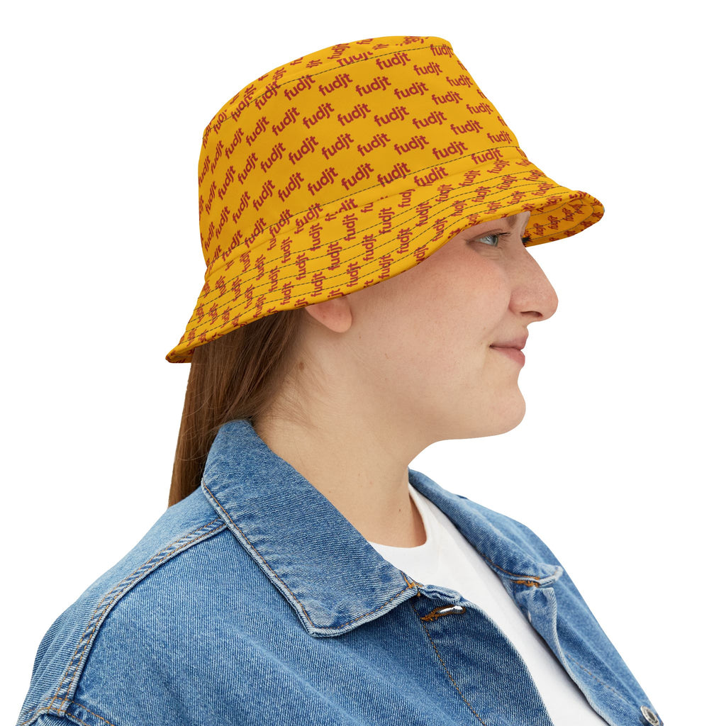 Trendy Red fudjt All Over on Yellow Bucket Hat