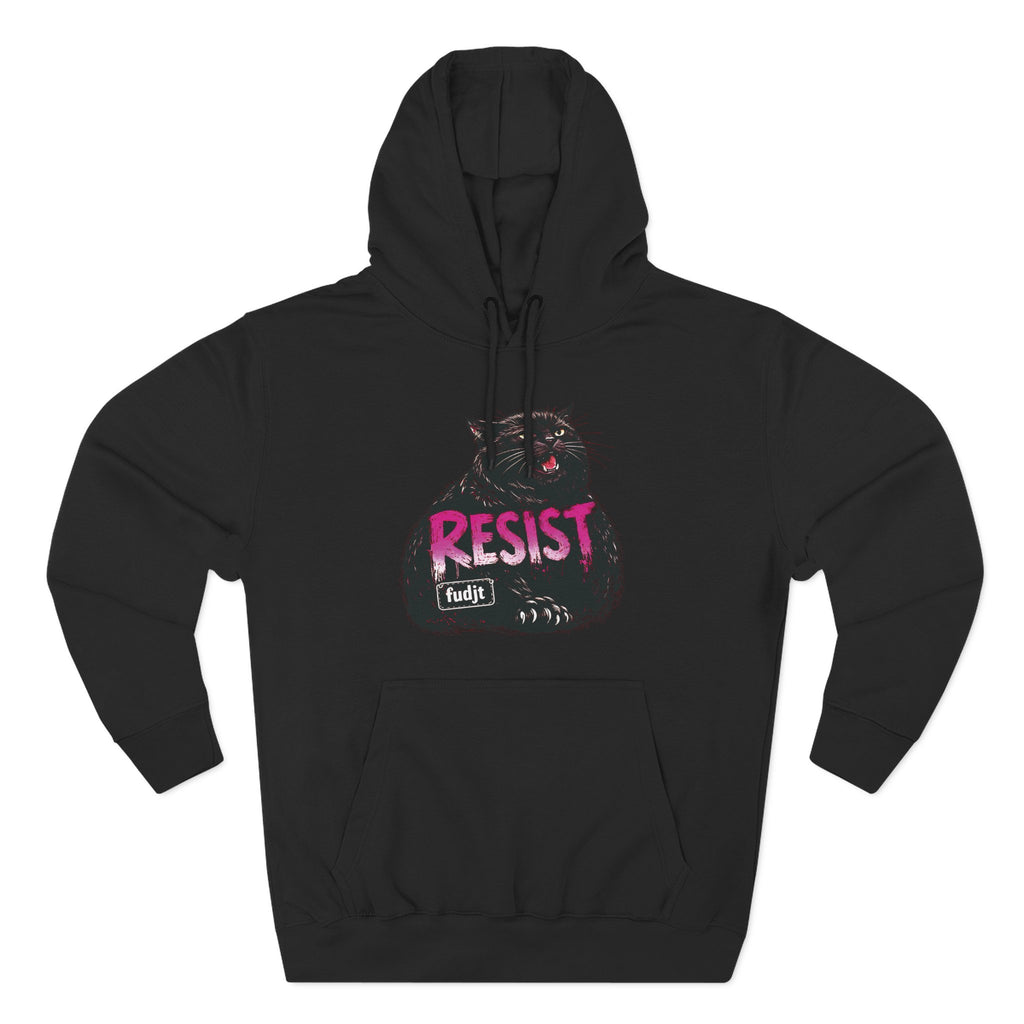 fudjt RESIST Hoodie – Premium Fleece Pullover with Black Pussycat Graphic | 14 Colors