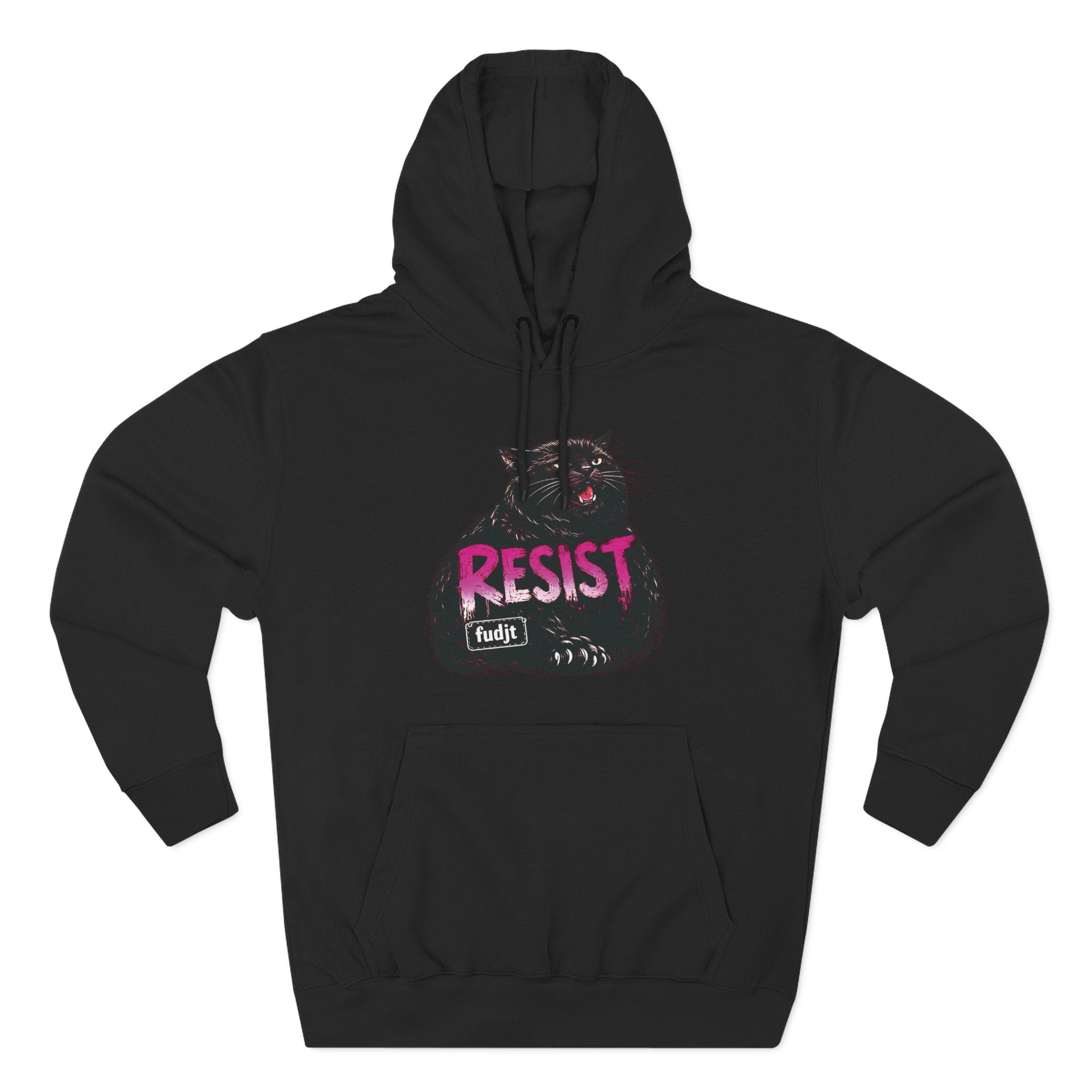 fudjt RESIST Hoodie – Premium Fleece Pullover with Black Pussycat Graphic | 14 Colors