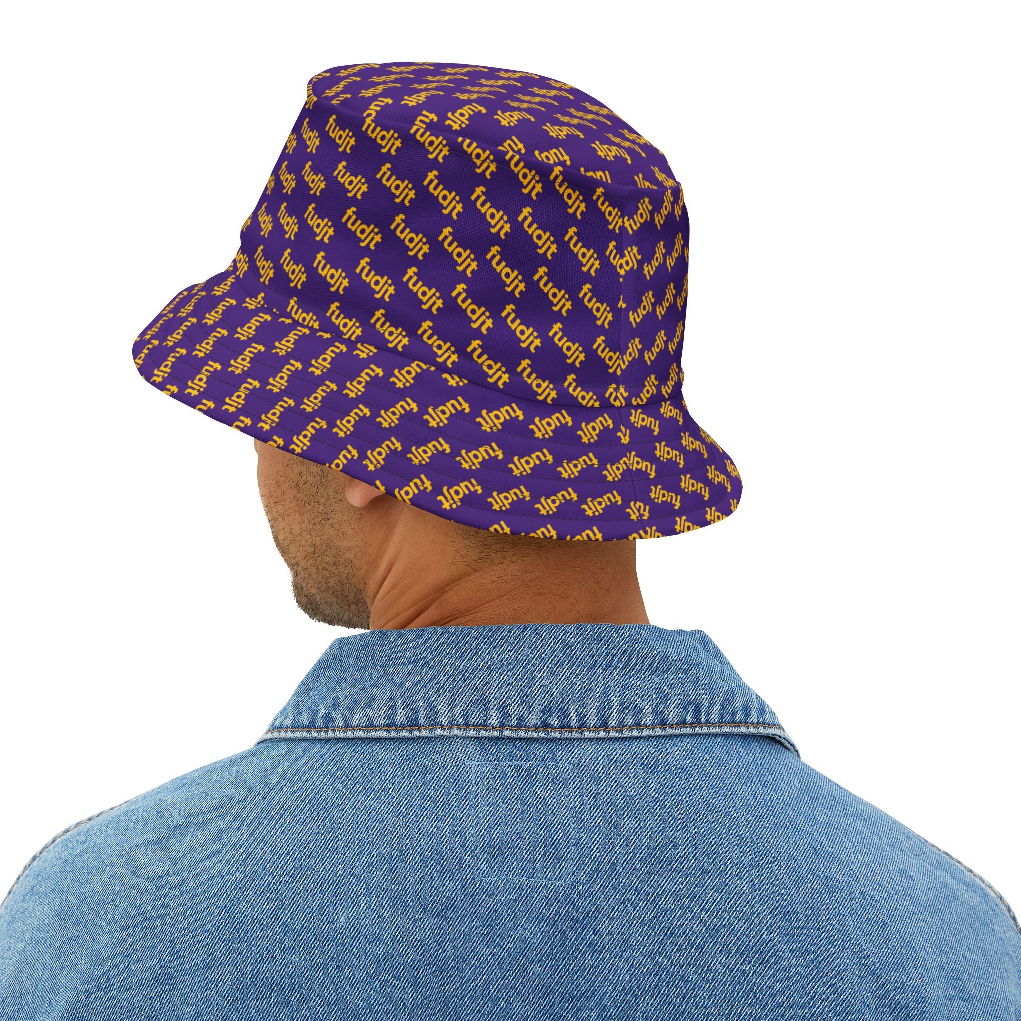 Trendy Yellow fudjt All Over on Purple Bucket Hat