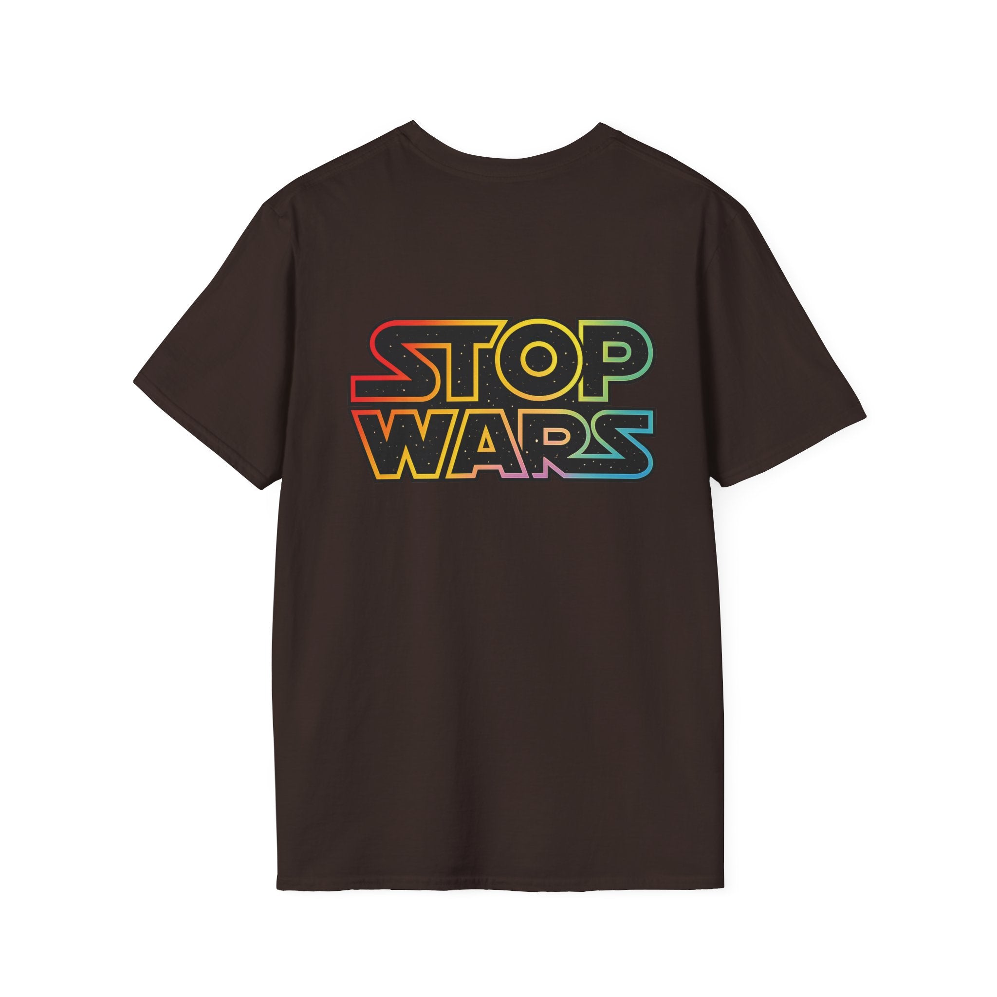 fudjt "STOP WARS" Retro Rainbow Anti-War Everyday Soft & Stylish Tee | Front & Back Graphic, Gold fudjt | 7 Colors