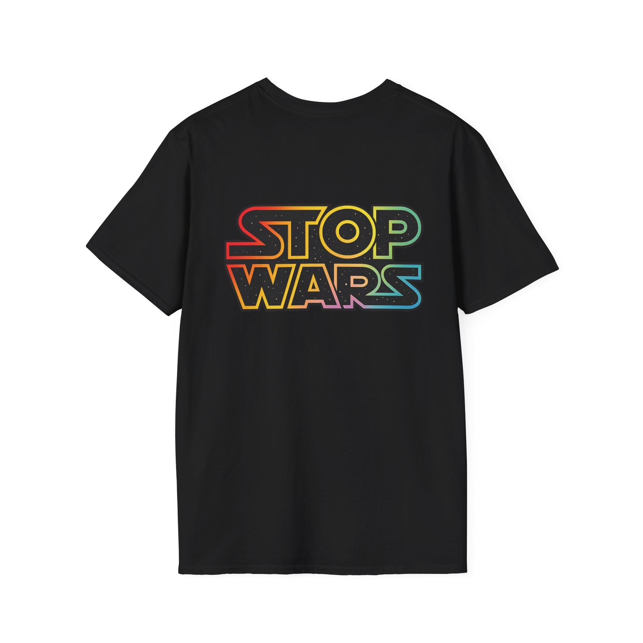 fudjt "STOP WARS" Retro Rainbow Anti-War Everyday Soft & Stylish Tee | Front & Back Graphic, Gold fudjt | 7 Colors
