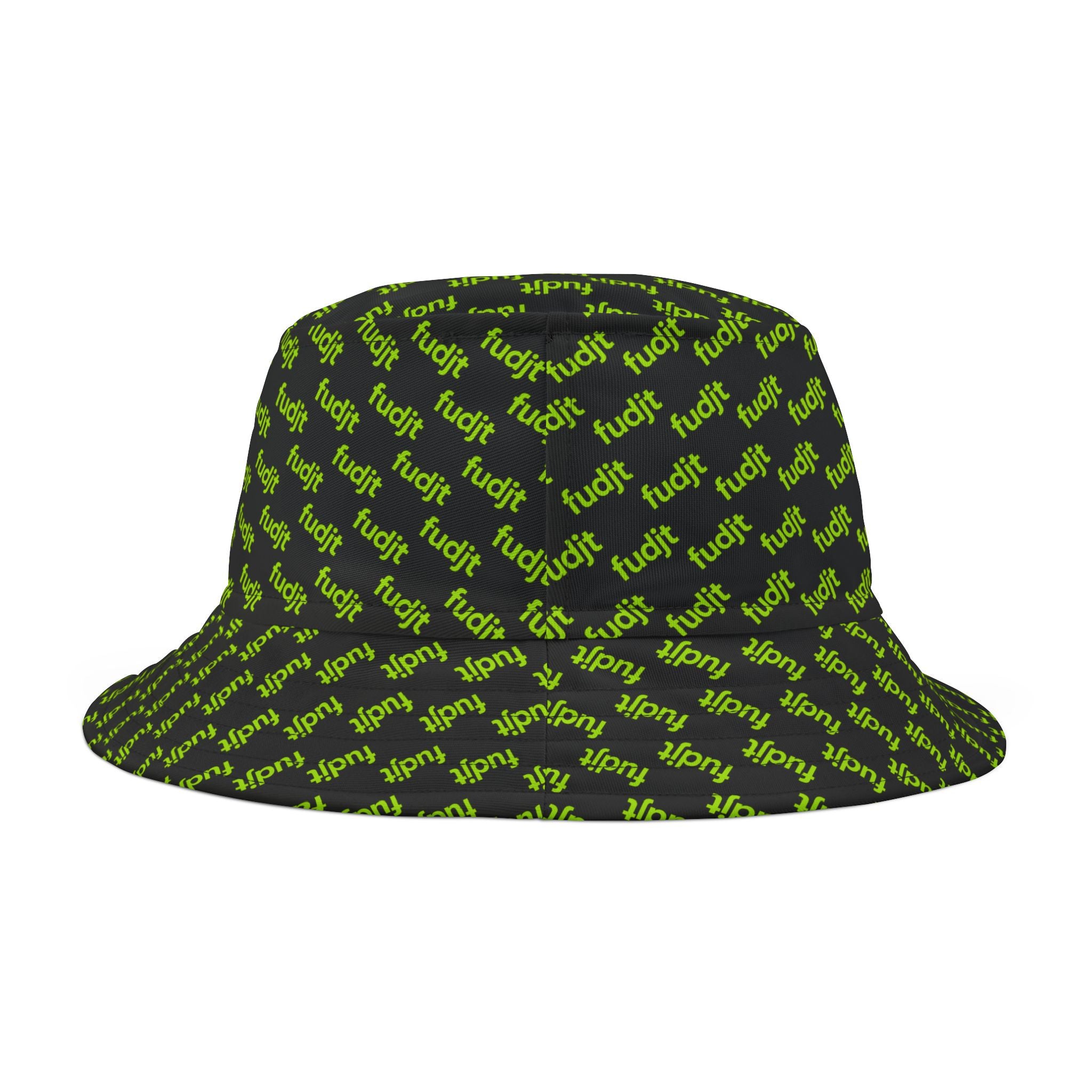 Trendy Lime Green fudjt All Over on Black Bucket Hat