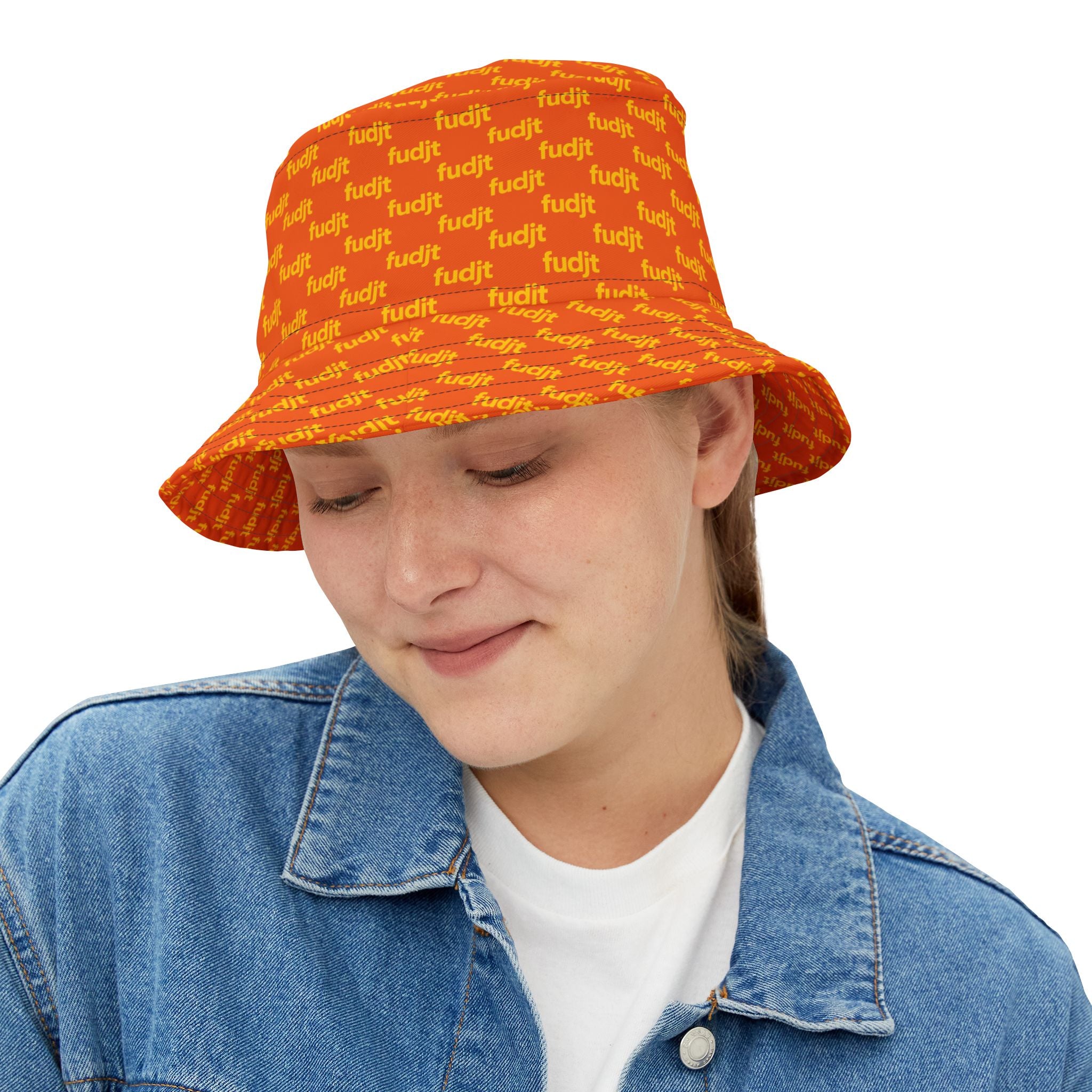 Trendy Yellow fudjt All Over on Orange Bucket Hat