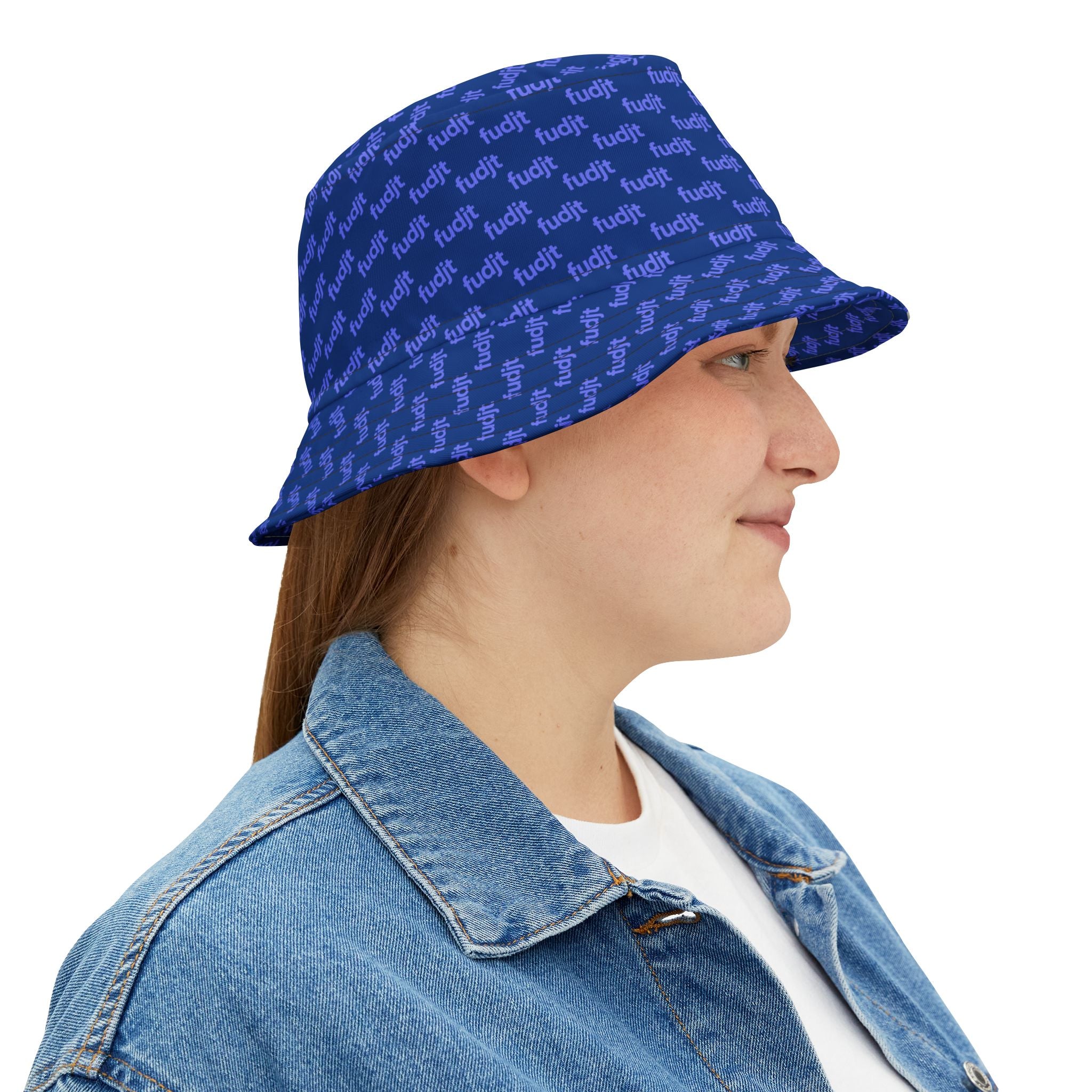 Trendy Light Blue fudjt All Over on Dark Blue Bucket Hat