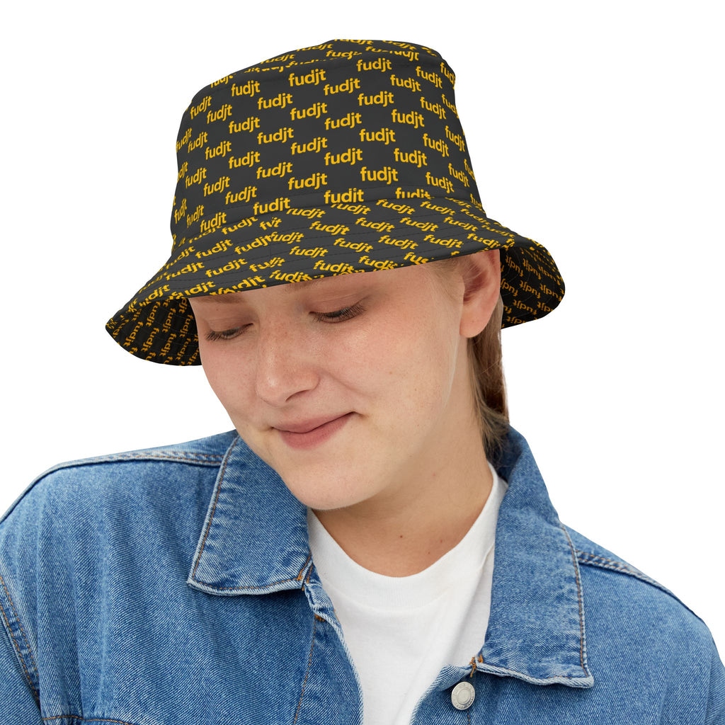 Trendy Yellow fudjt All Over on Black Bucket Hat