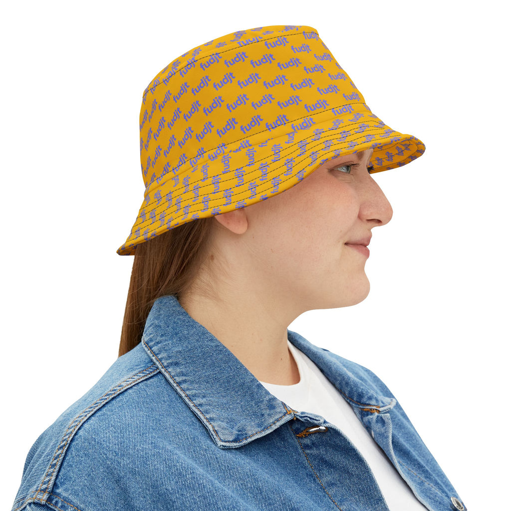 Trendy Light Blue fudjt All Over on Yellow Bucket Hat