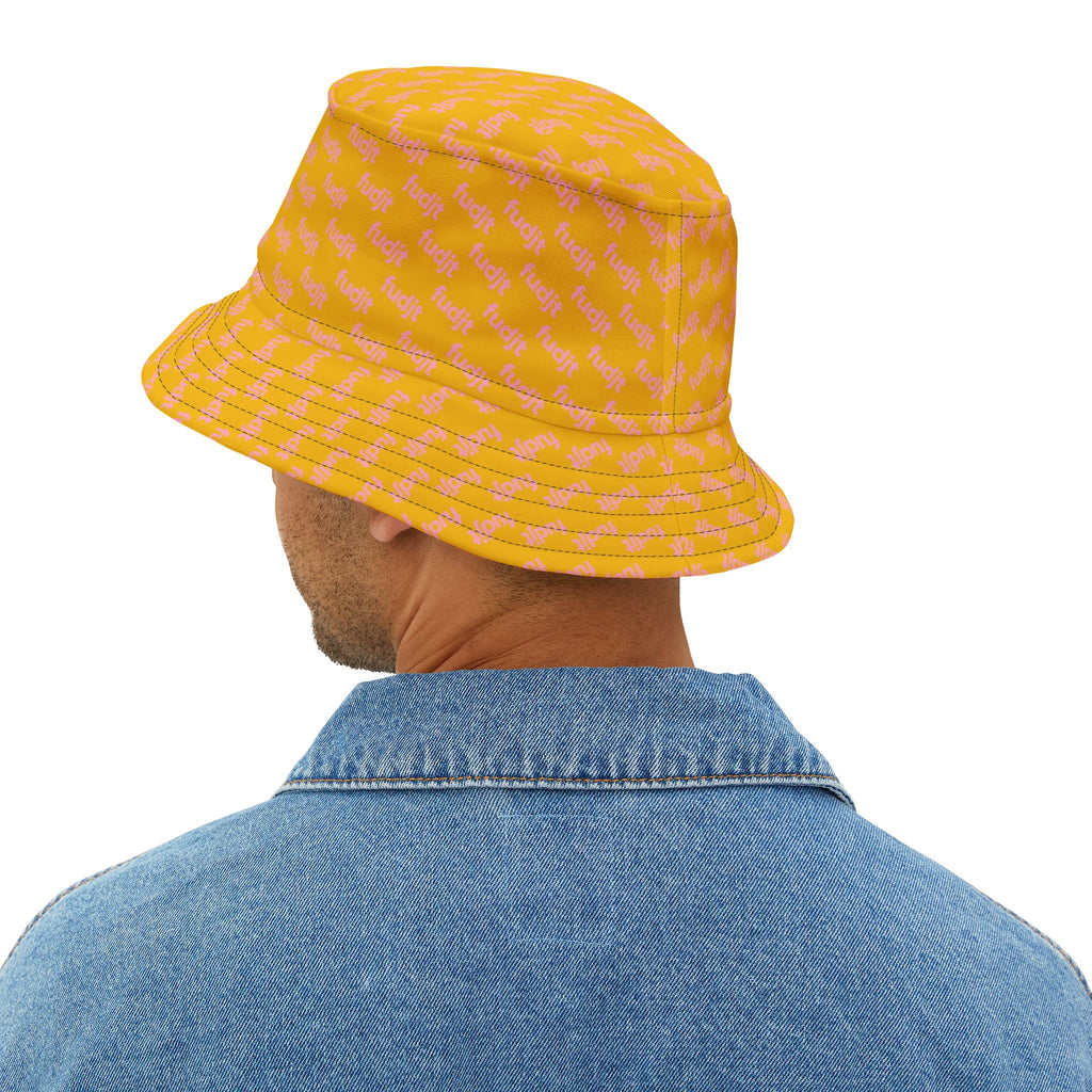 Trendy Pink fudjt All Over on Yellow Bucket Hat