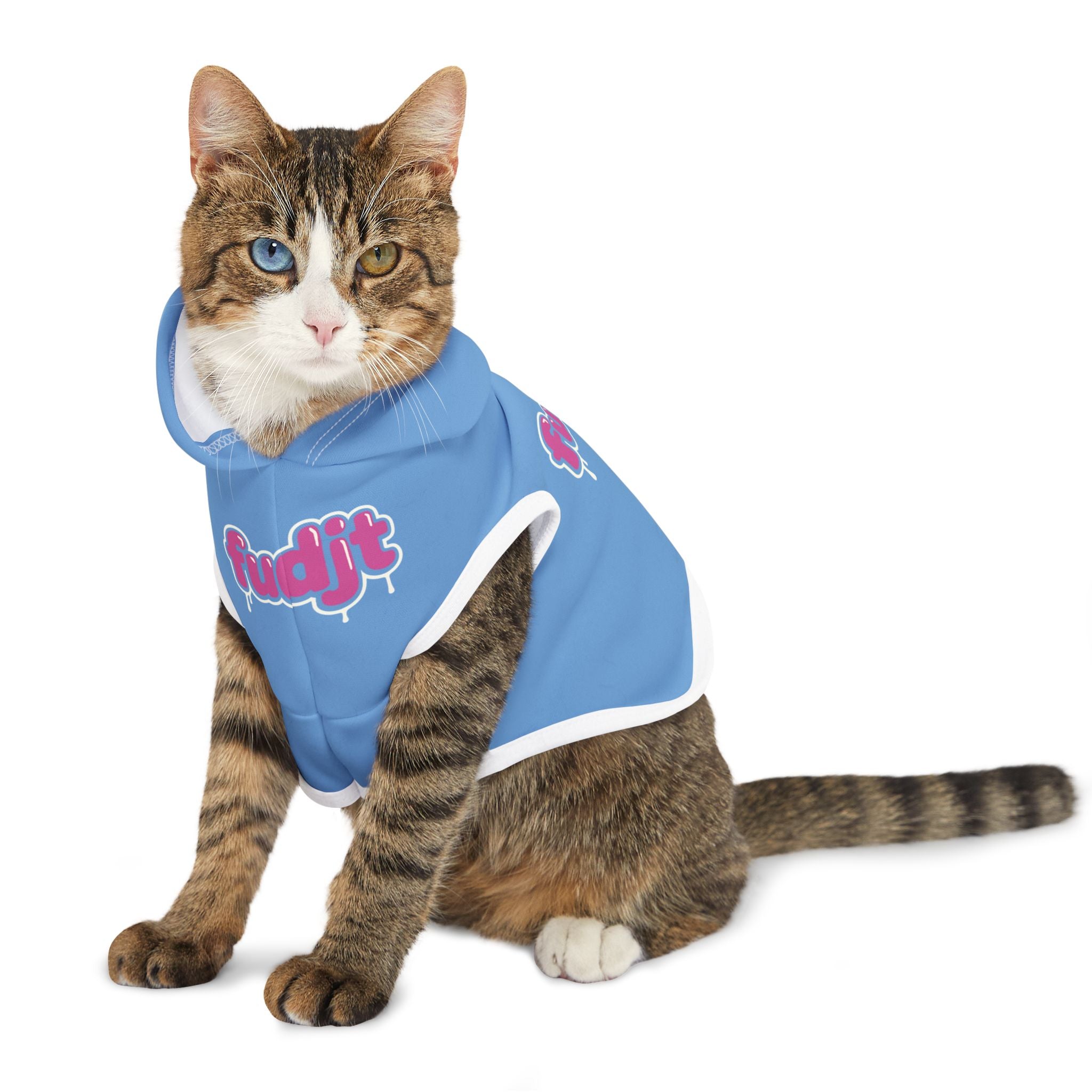 Light Blue fudjt Pet Hoodie with Pink Drip Design