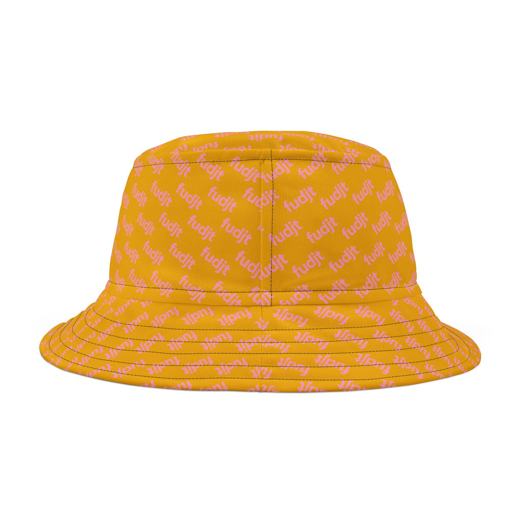 Trendy Pink fudjt All Over on Yellow Bucket Hat