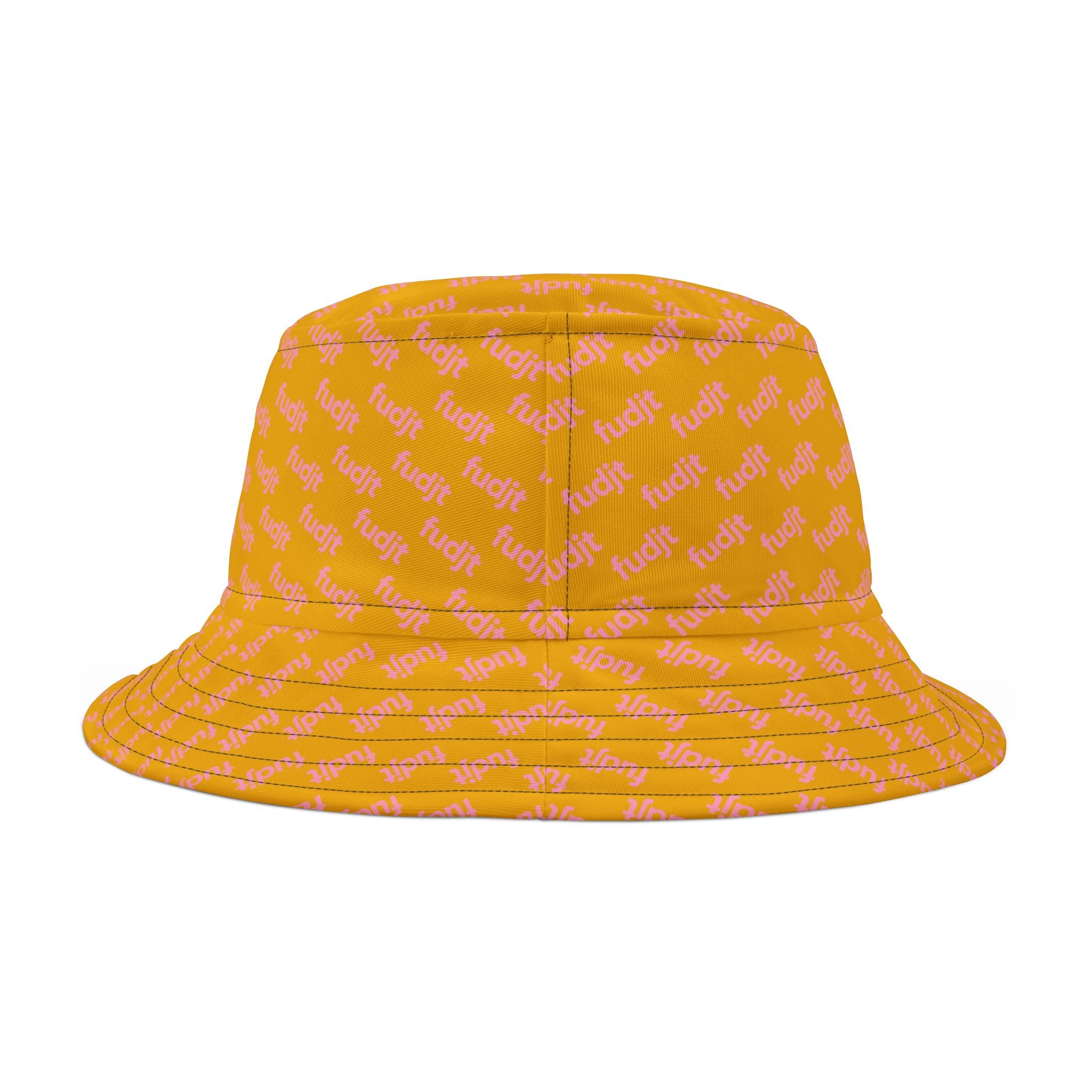 Trendy Pink fudjt All Over on Yellow Bucket Hat