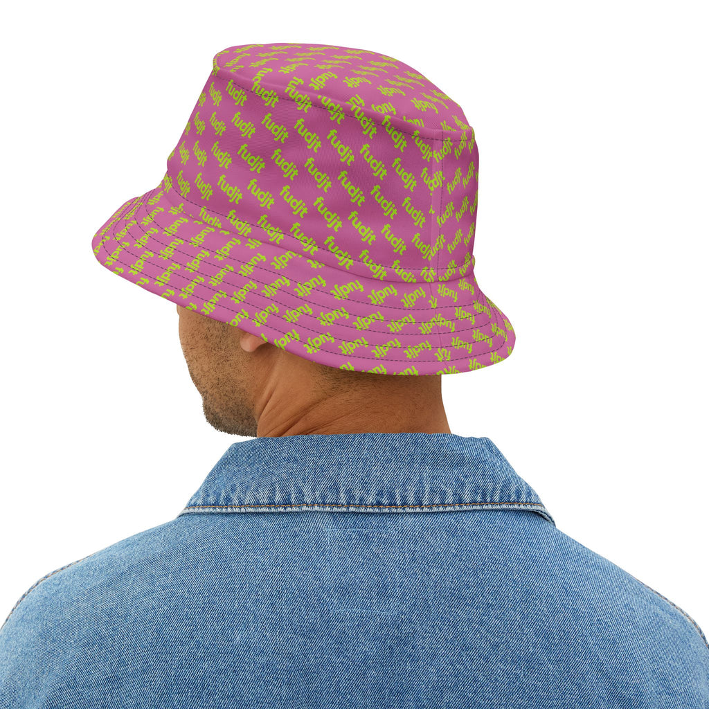 Trendy Lime Green fudjt All Over on Light Pink Bucket Hat