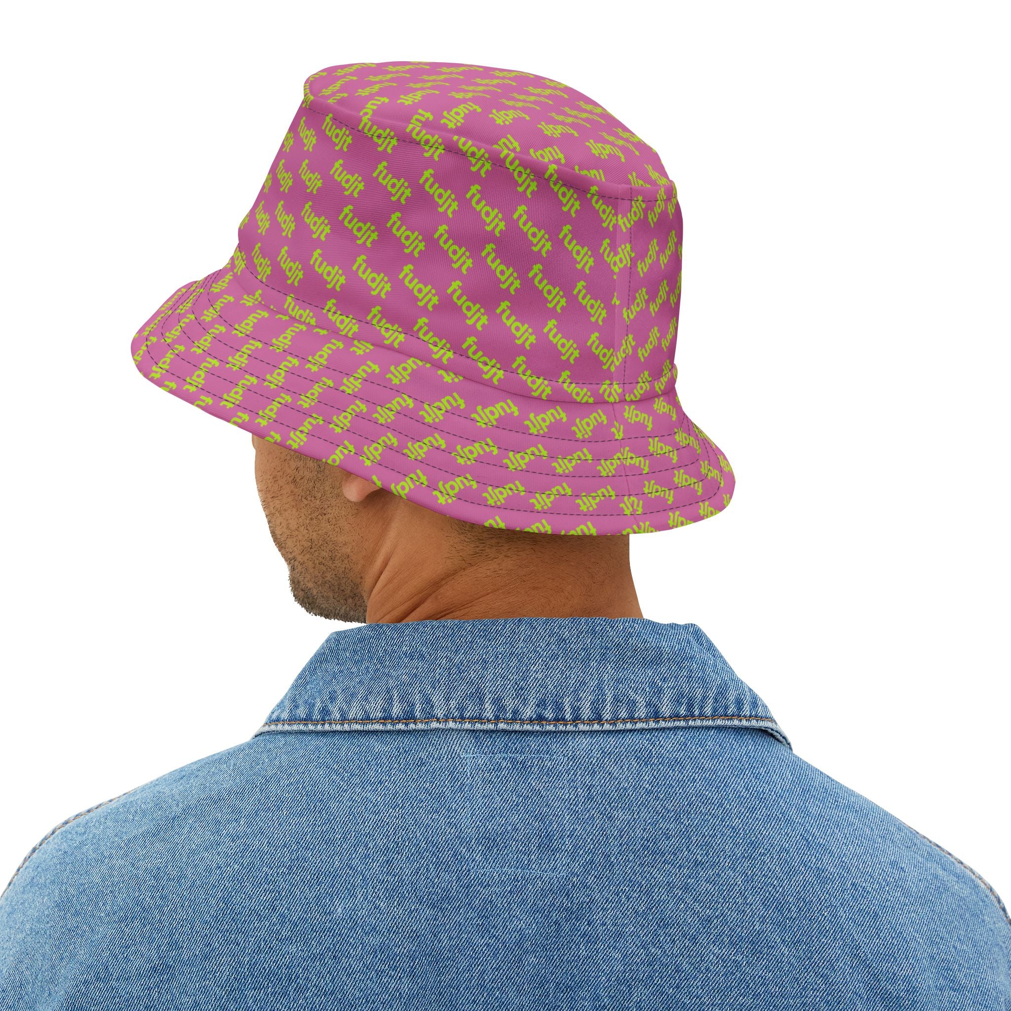 Trendy Lime Green fudjt All Over on Light Pink Bucket Hat