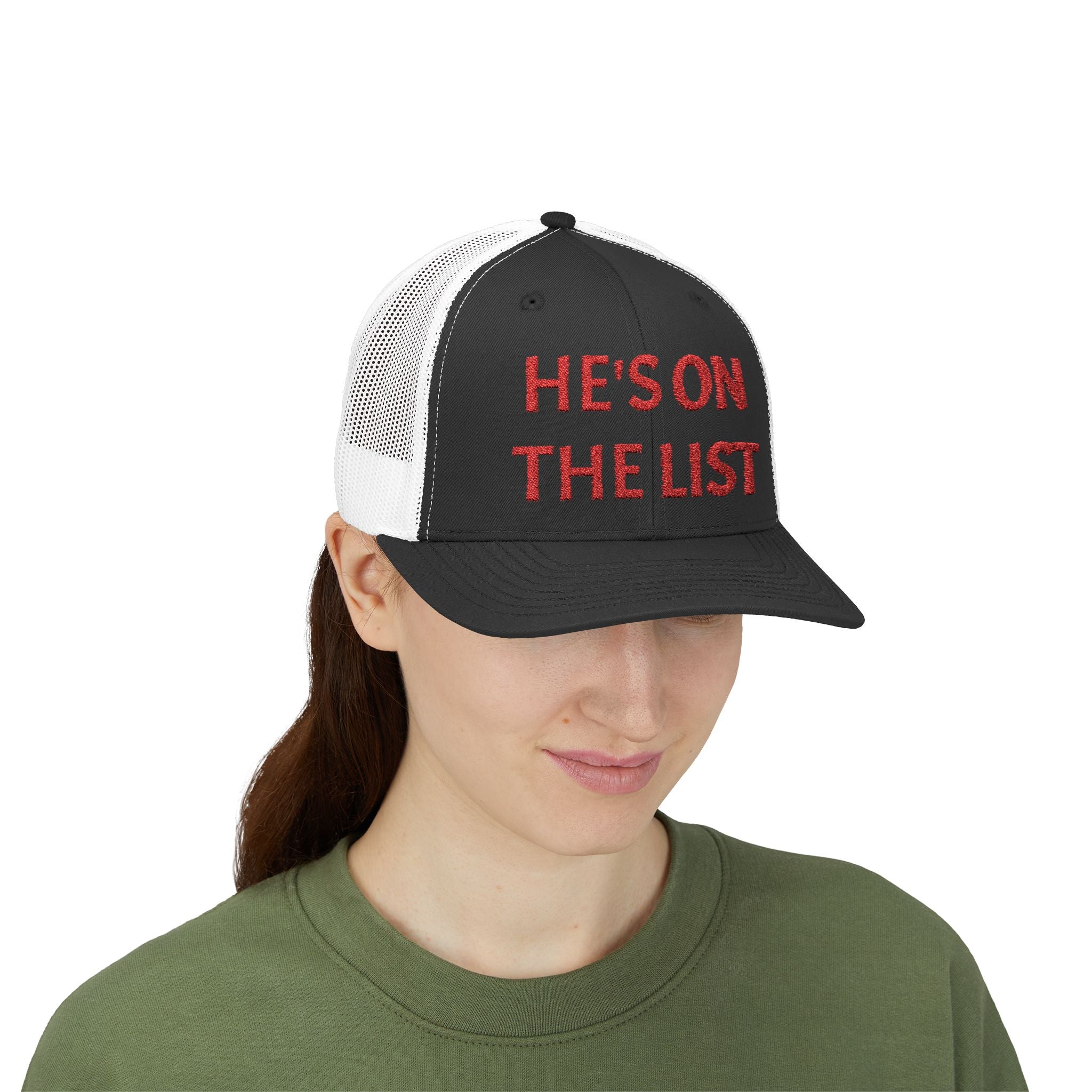 He's On The List | Red Embroidered Fudjt Snapback Trucker Cap in 6 Colors | Trending Now