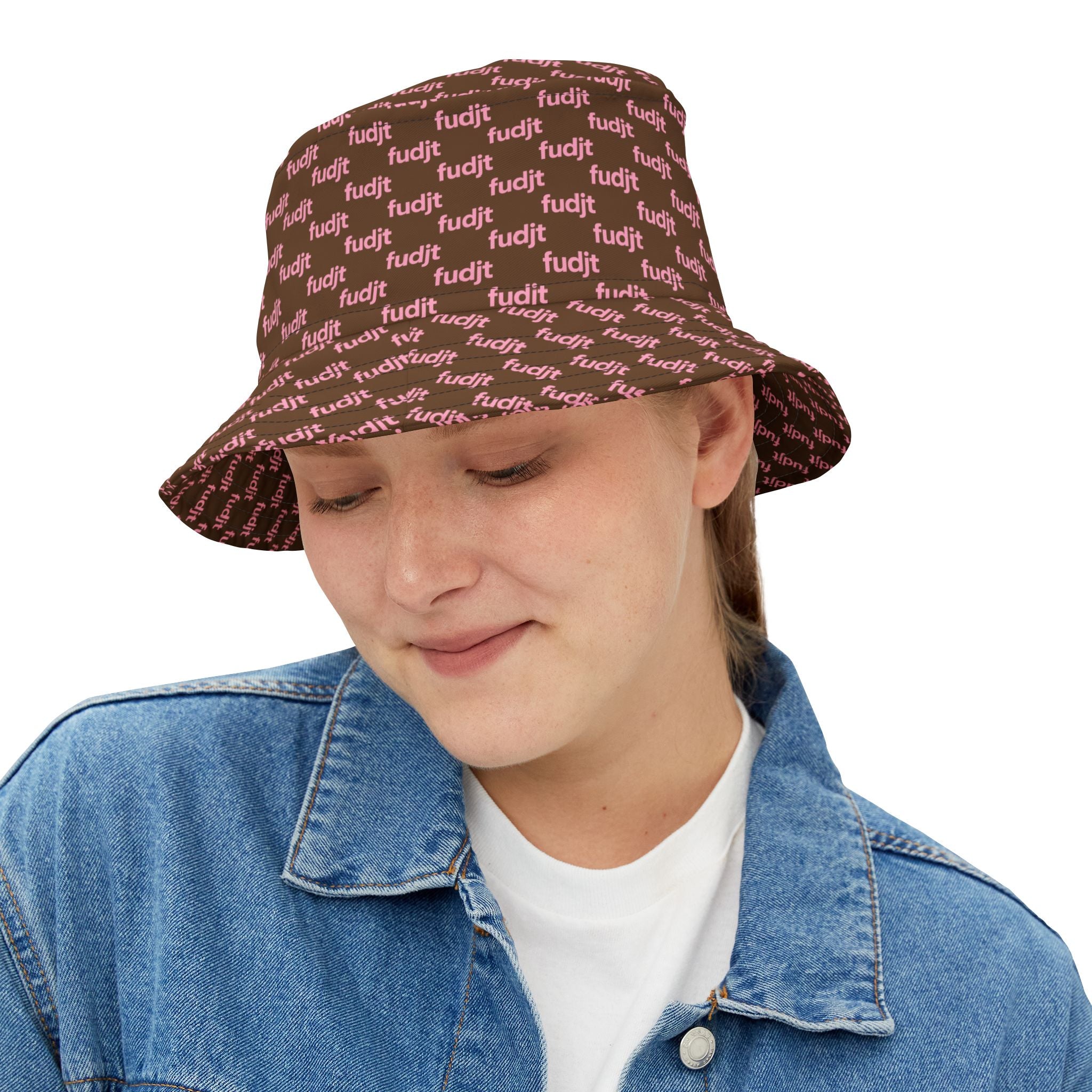 Trendy Pink fudjt All Over on Dark Brown Bucket Hat
