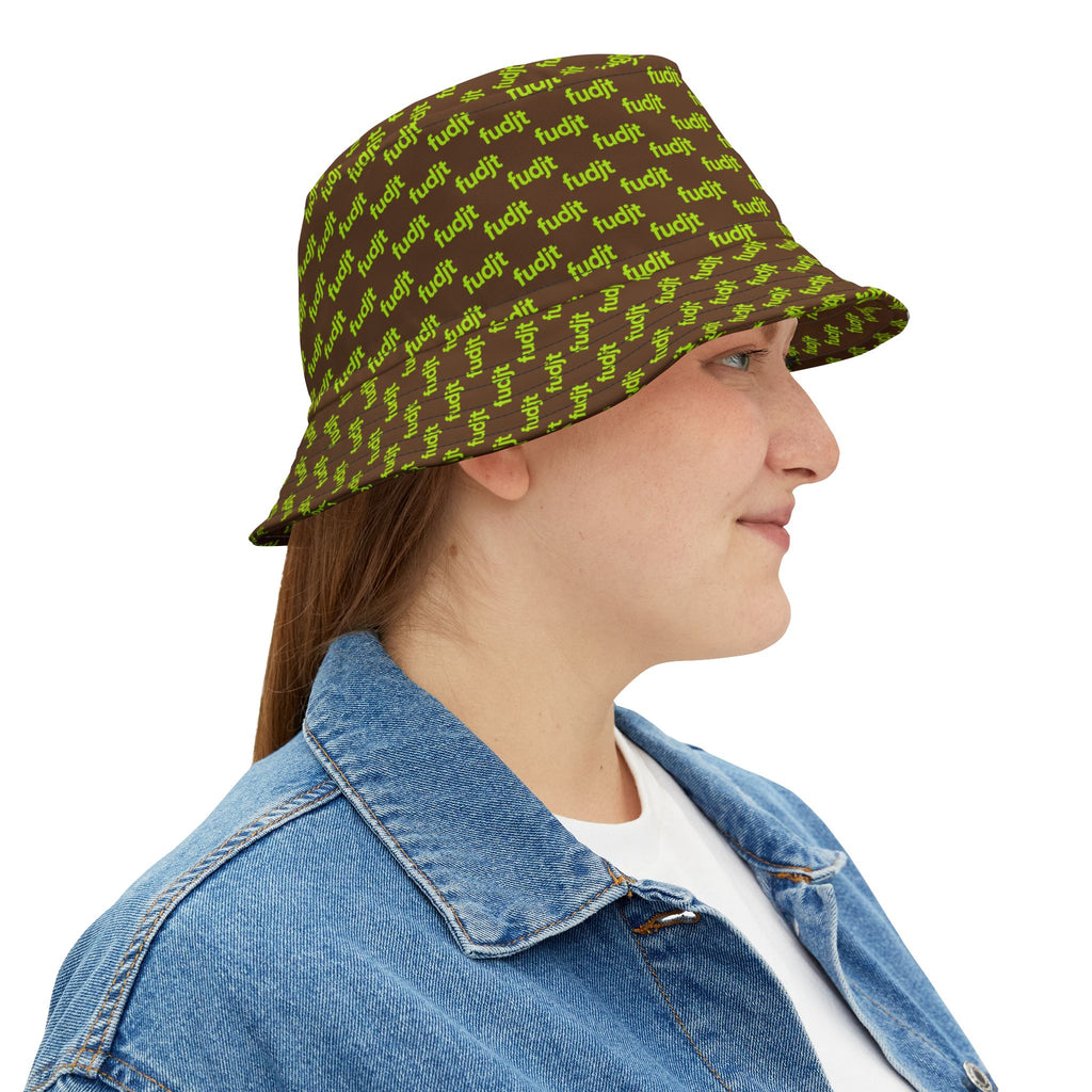 Trendy Lime Green fudjt All Over on Dark Brown Bucket Hat